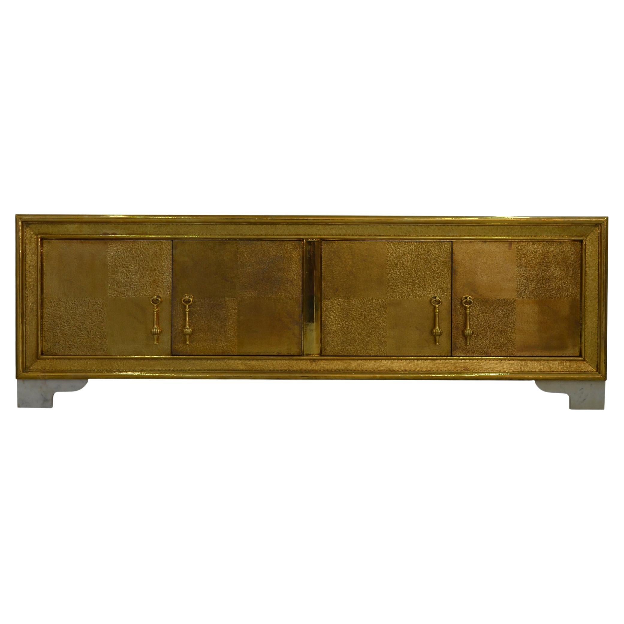 Carre Credenza in Brass Clad Over MDF Marble Feet Handcrafted In India