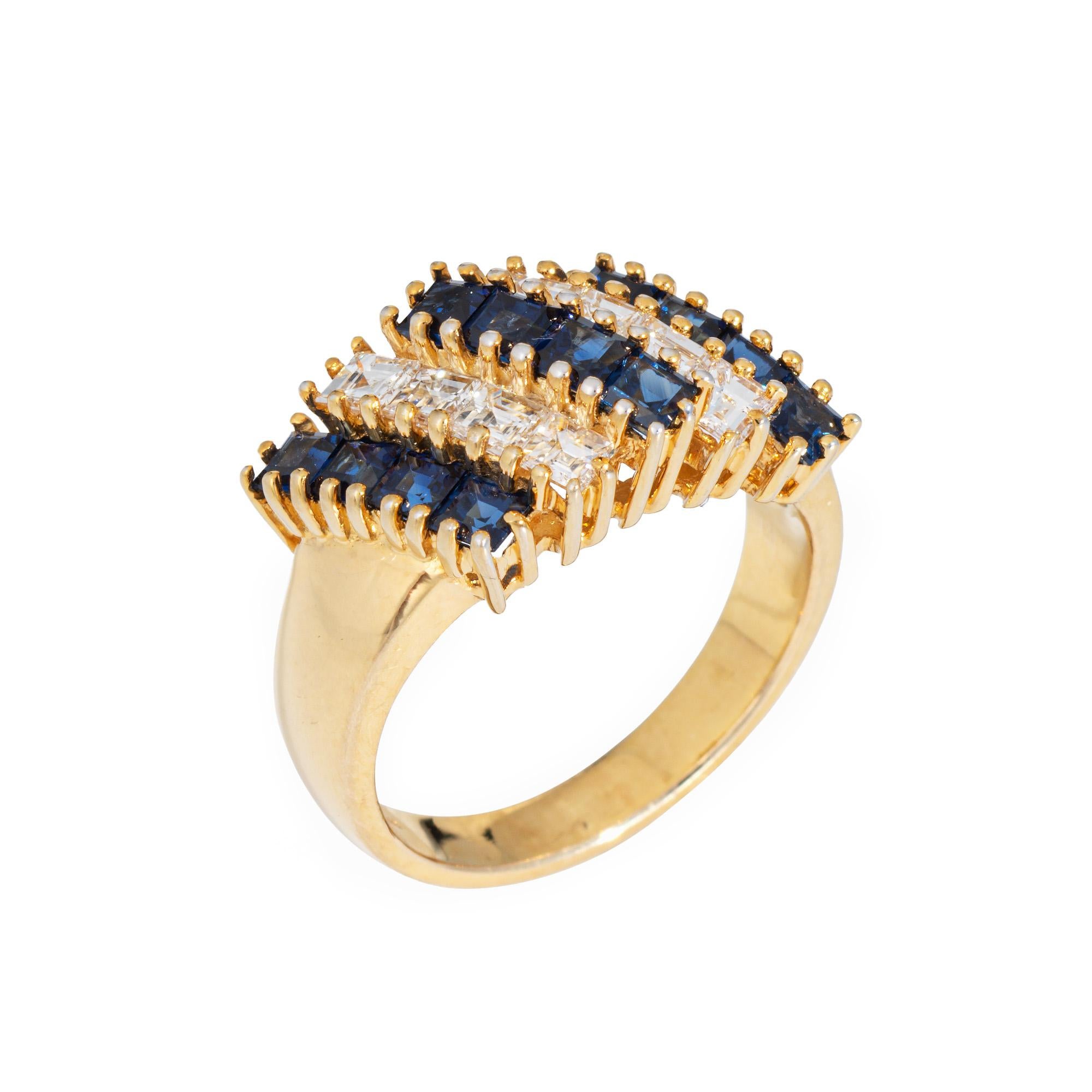 Stylish vintage diamond & sapphire ring (circa 1980s) crafted in 14 karat yellow gold. 

Carre cut diamonds total an estimated 0.80 carats (estimated at I-J color and VS1-2 clarity). Sapphires measure 2.5mm each. The sapphires are in very good