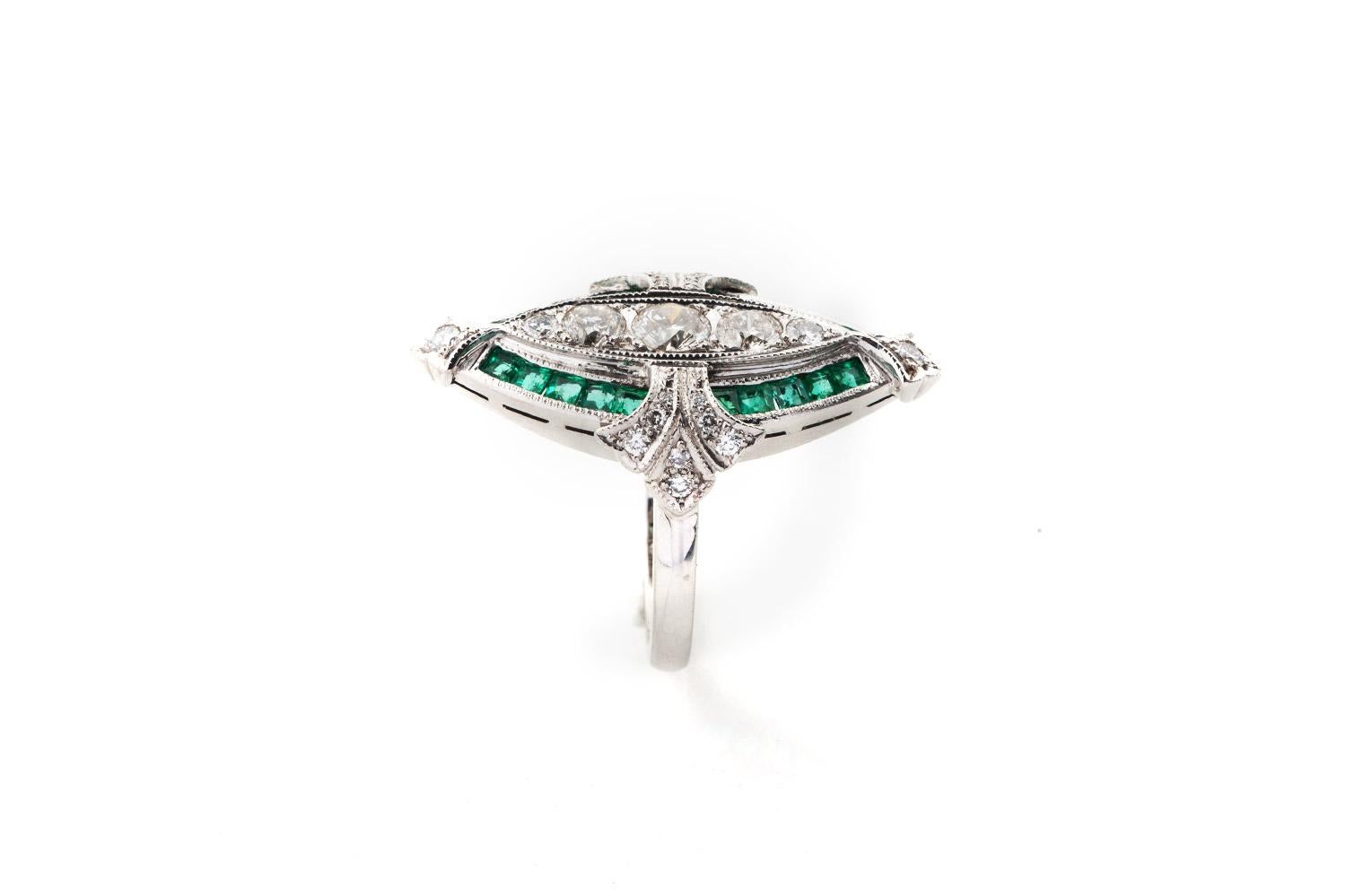 Round Cut Carre Cut Emerald and White Diamond Art Deco Dress Ring in 18 Karat White Gold For Sale