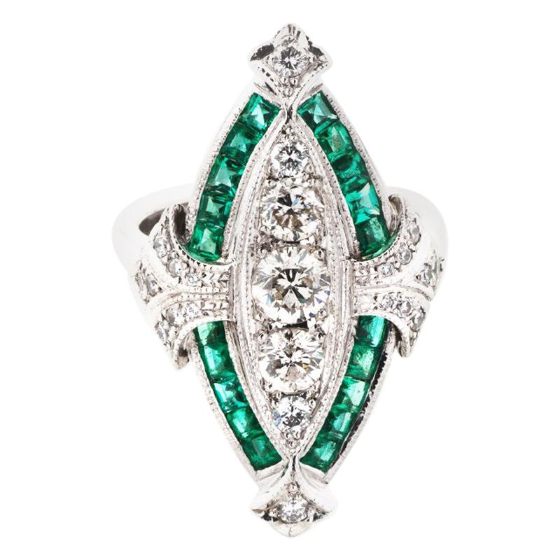 Carre Cut Emerald and White Diamond Art Deco Dress Ring in 18 Karat White Gold For Sale