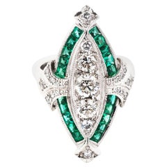 Carre Cut Emerald and White Diamond Art Deco Dress Ring in 18 Karat White Gold