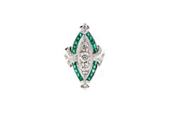 Carre Cut Emerald and White Diamond Art Deco Dress Ring in 18 Karat White Gold