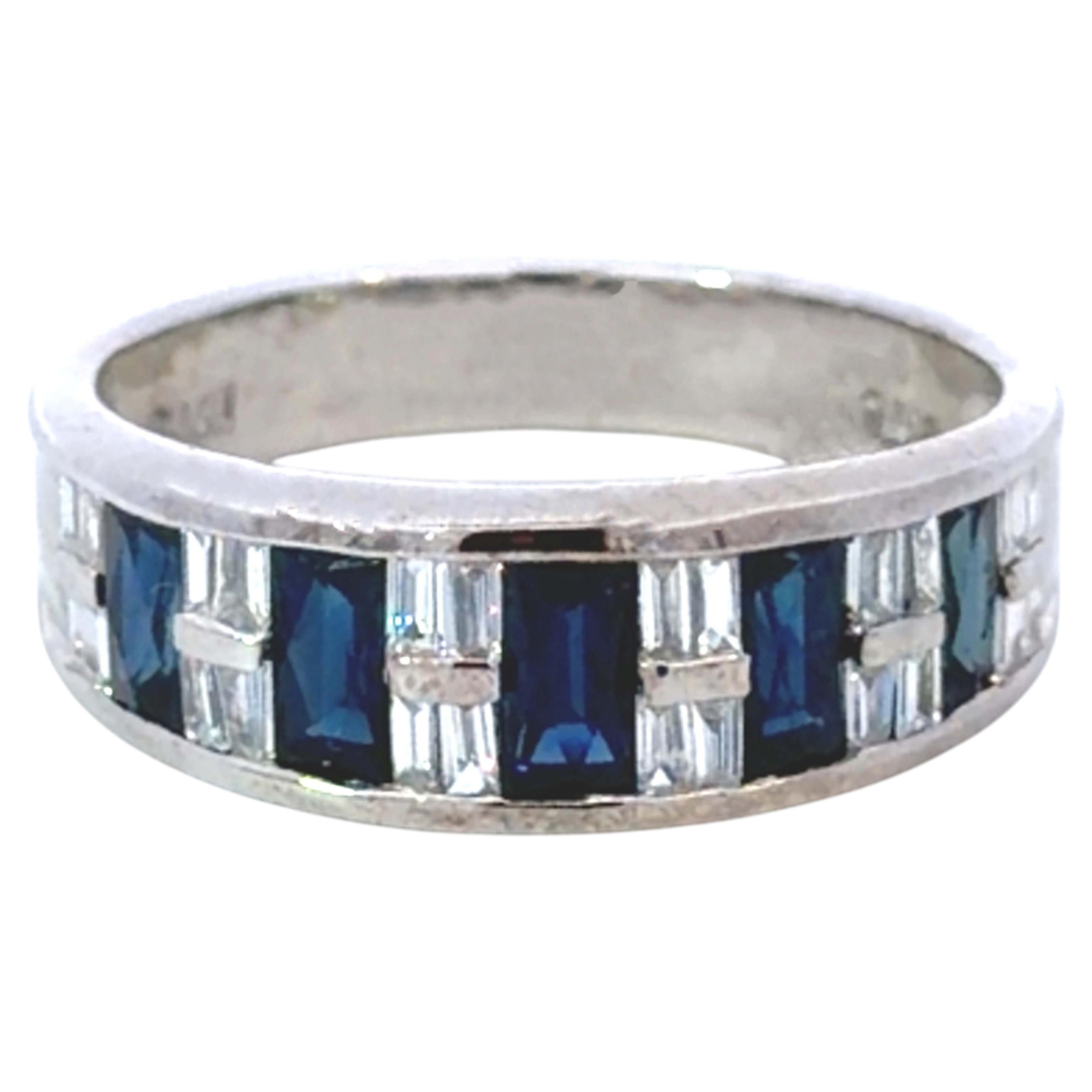 Carre Cut Rectangular Sapphire Baguette Diamond Ring 14K White Gold For Sale