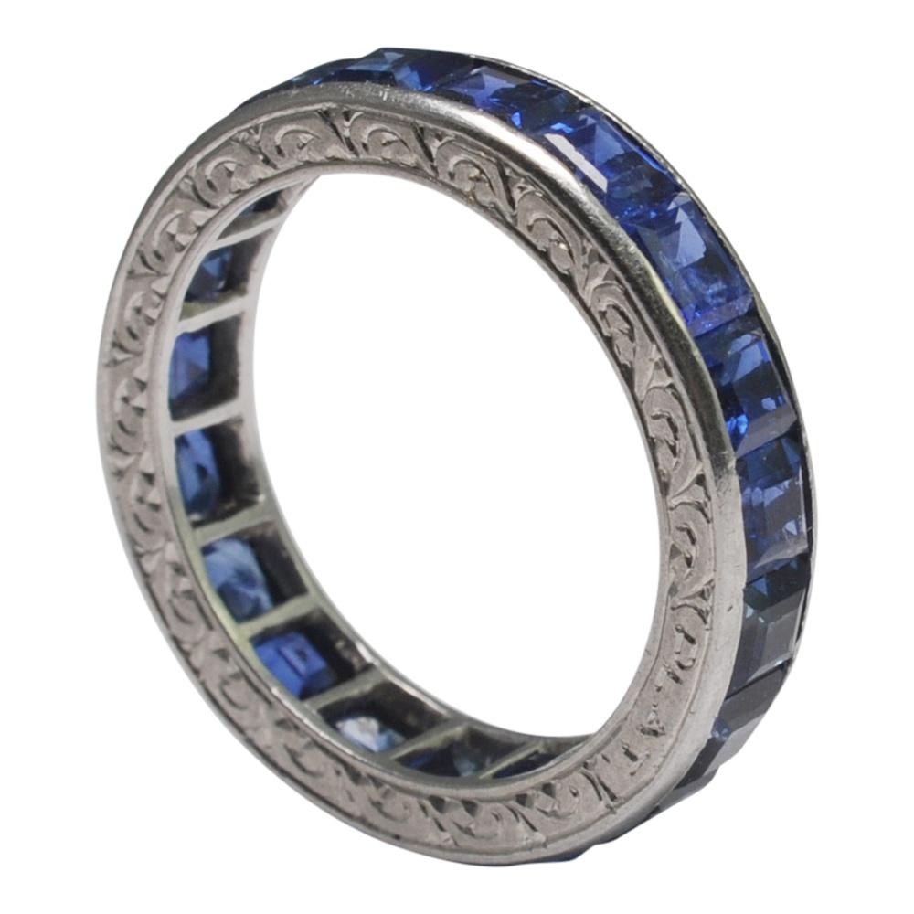 Art Deco Carré Cut Sapphire Platinum Eternity Ring For Sale