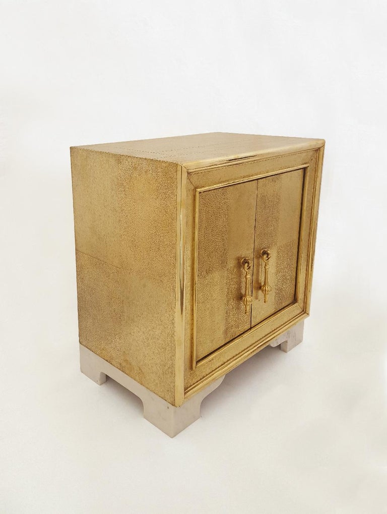 Hand-Crafted Carre Nightstand in Brass Clad Over Teakwood Handcrafted in India For Sale