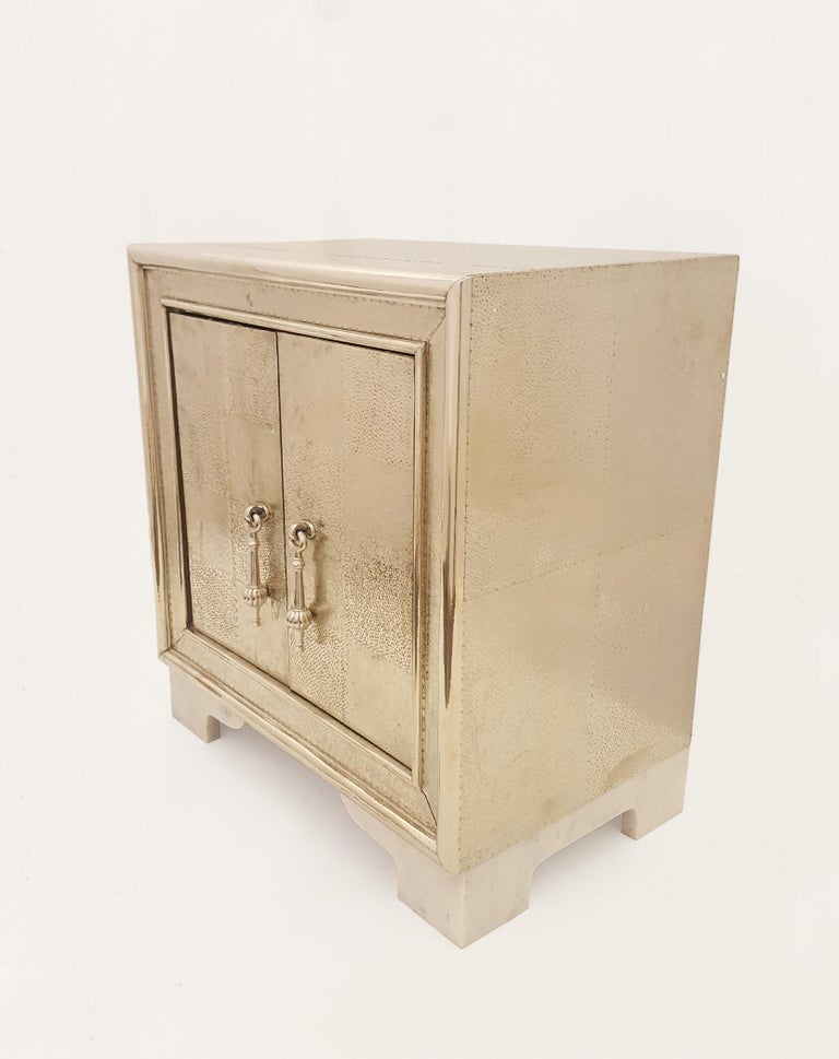 Carre Nightstand in White Bronze Clad Over Teakwood Handcrafted in India For Sale 3