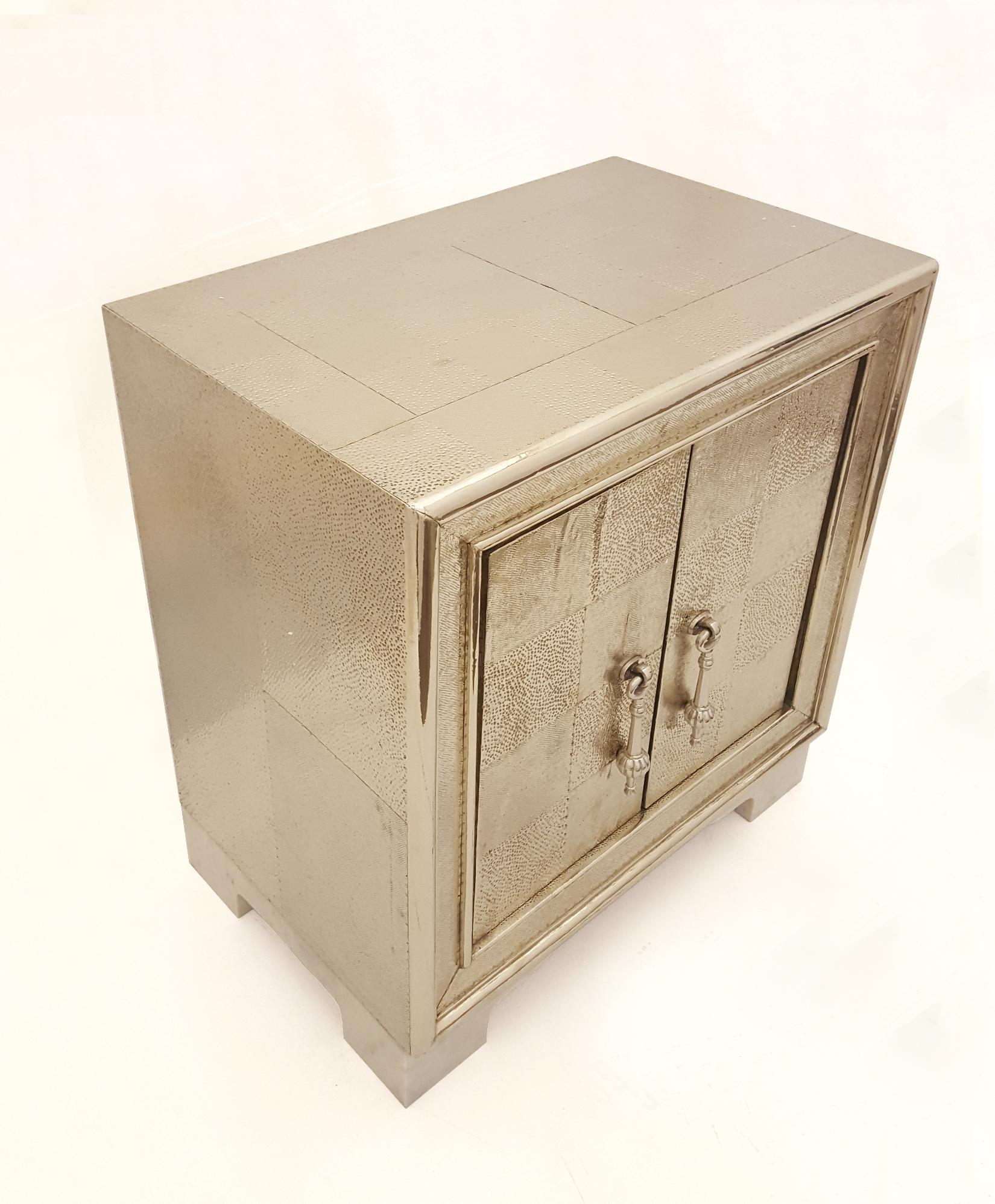 Indian Carre Nightstand in White Bronze Clad Over Teakwood Handcrafted in India For Sale