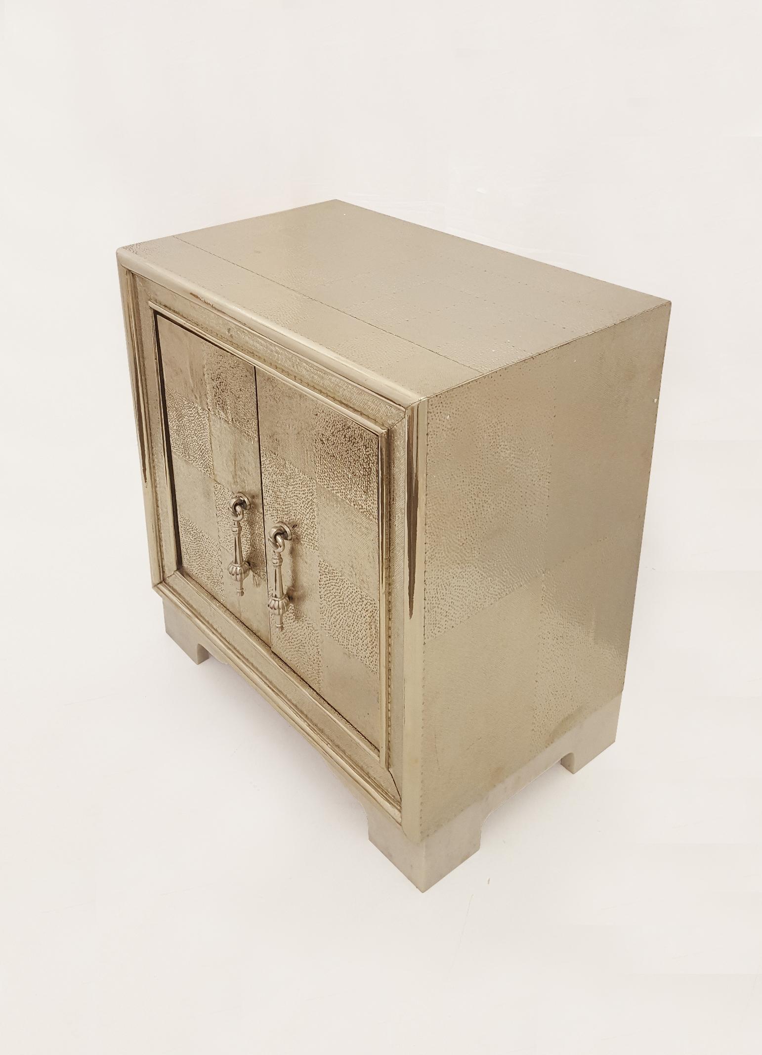 Hand-Crafted Carre Nightstand in White Bronze Clad Over Teakwood Handcrafted in India For Sale