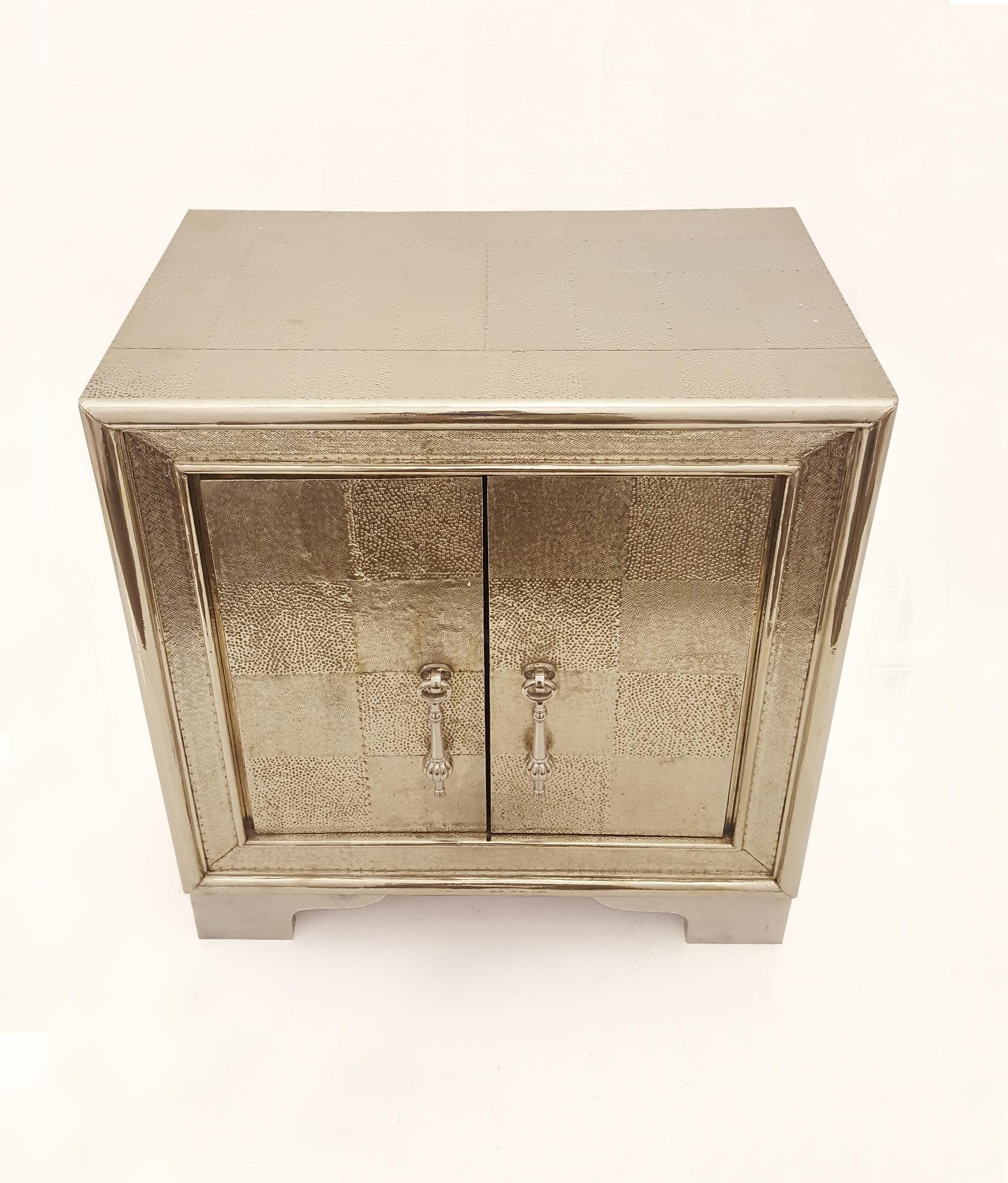 Contemporary Carre Nightstand in White Bronze Clad Over Teakwood Handcrafted in India For Sale
