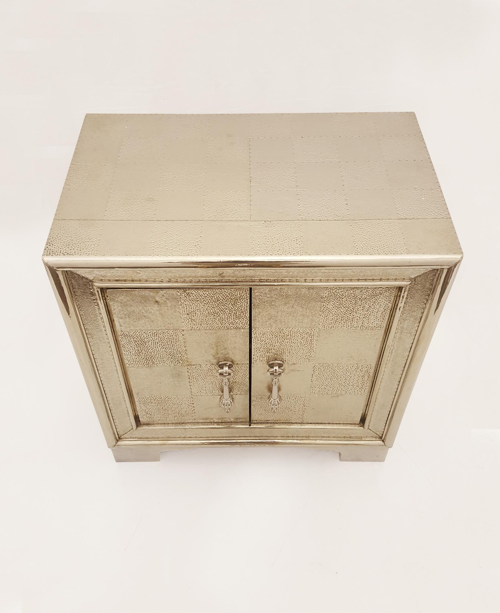 Metal Carre Nightstand in White Bronze Clad Over Teakwood Handcrafted in India For Sale