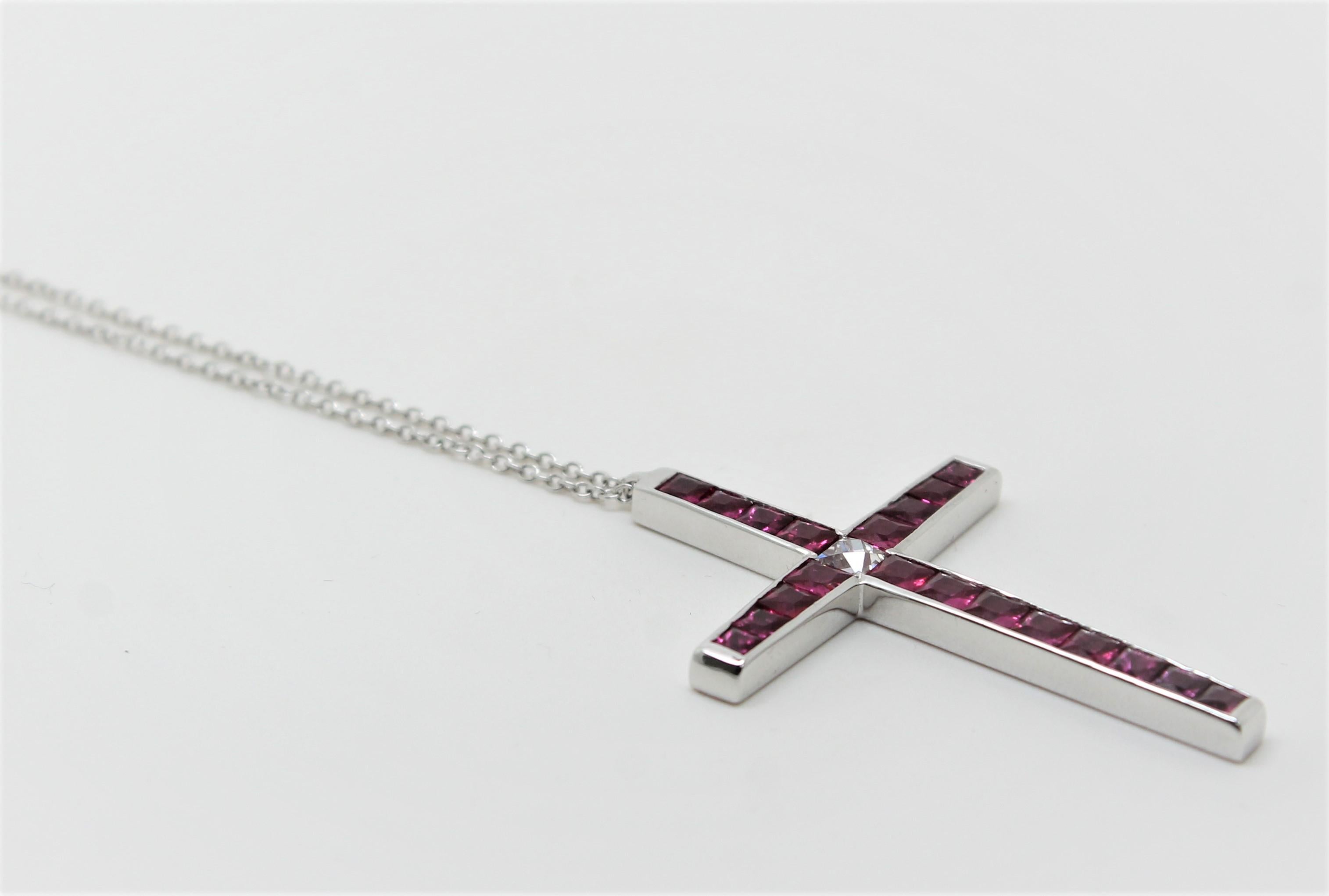 Women's or Men's Carrè Ruby and French Cut Diamond Cross Pendant Necklace For Sale