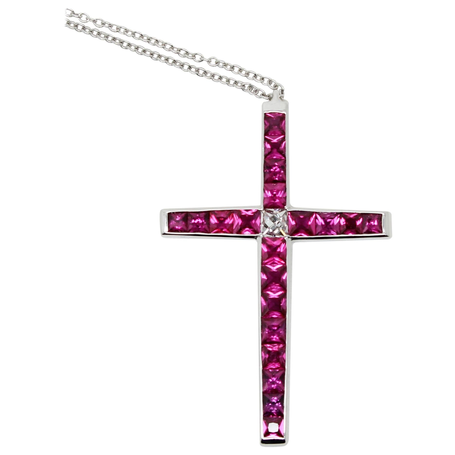 Carrè Ruby and French Cut Diamond Cross Pendant Necklace For Sale
