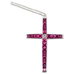 Carrè Ruby and French Cut Diamond Cross Pendant Necklace