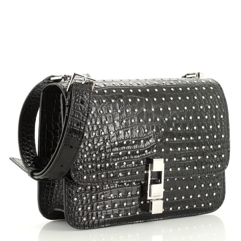 Black Carre Satchel Studded Crocodile Embossed Leather Medium