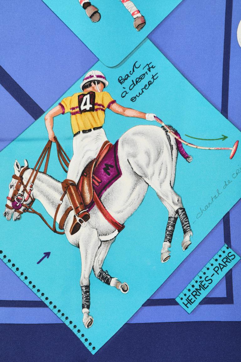 Blue Carré silk scarf Polo design by Chantal de Crissey HERMES For Sale