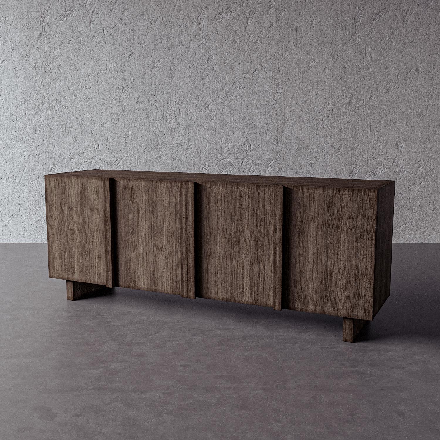 This large modular media cabinet in wood takes cues from Hans Wegner and Charlotte Perriand to make an elegant, architectural storage solution for an artful office, living room, den, and more. Handmade by artisans in Vietnam, this piece is gorgeous