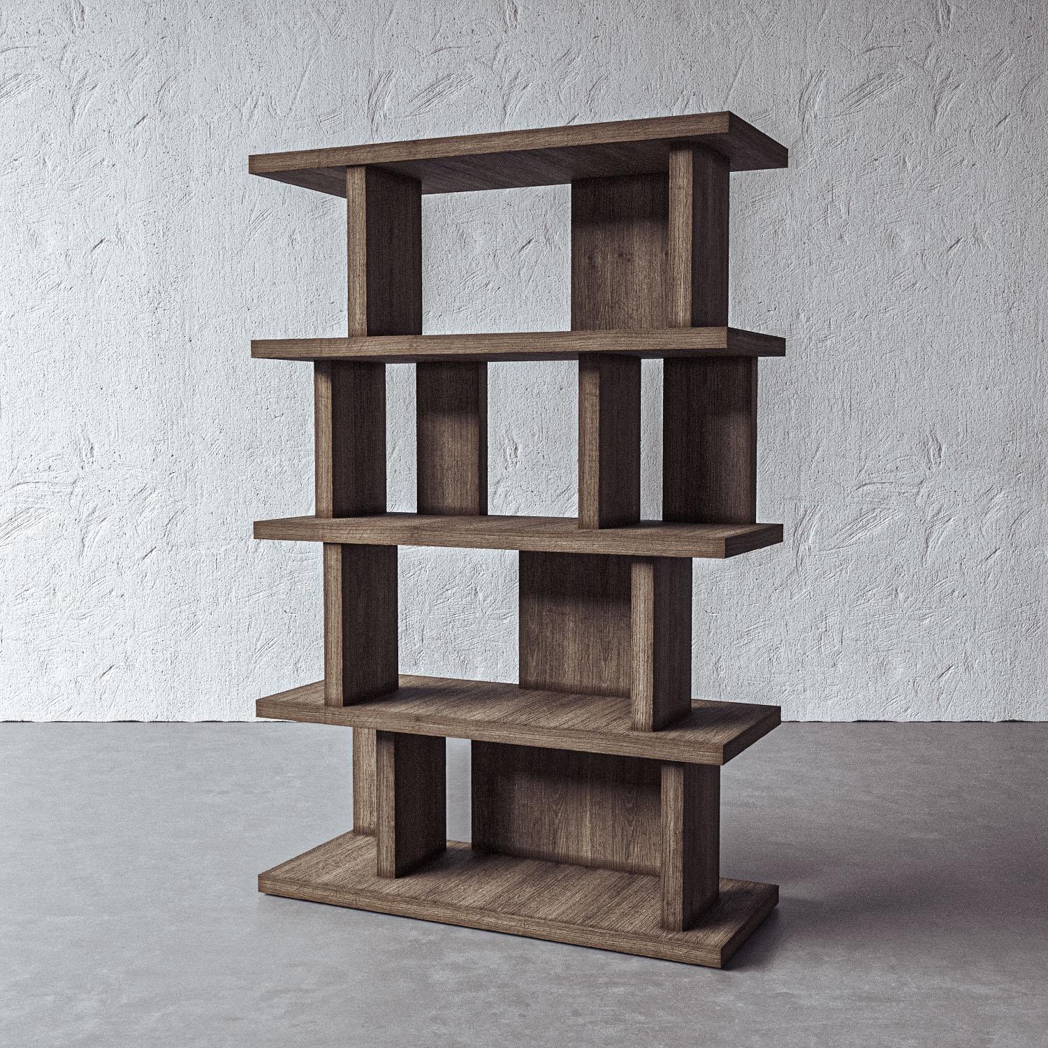 This open media shelf in wood makes an artful, architectural storage option with asymmetrical walls for a modern style. Handmade by artisans in Vietnam, this piece is ideally paired with the 