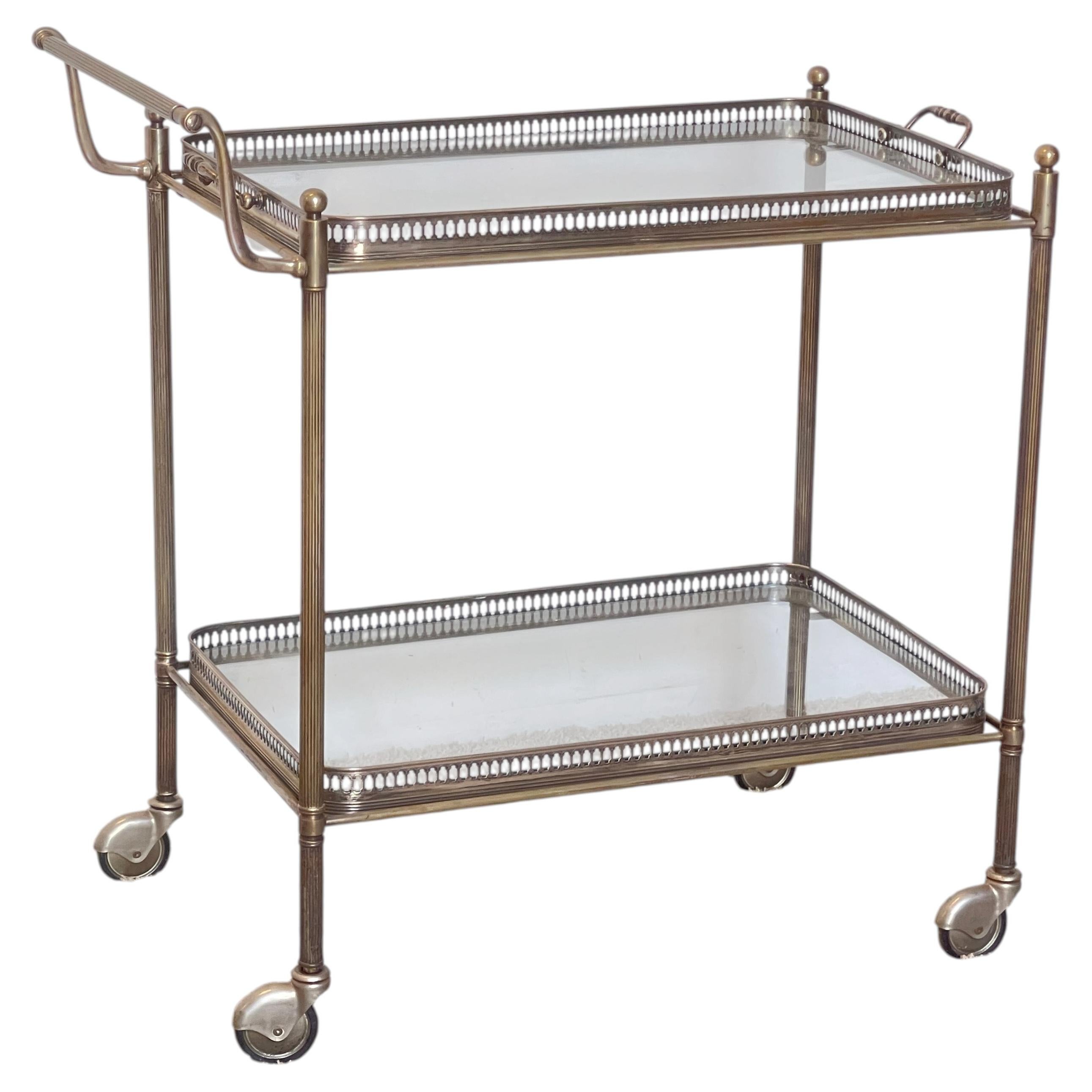 Bar cart with brass and glass, featuring double shelves, "Kensington," 1970s For Sale