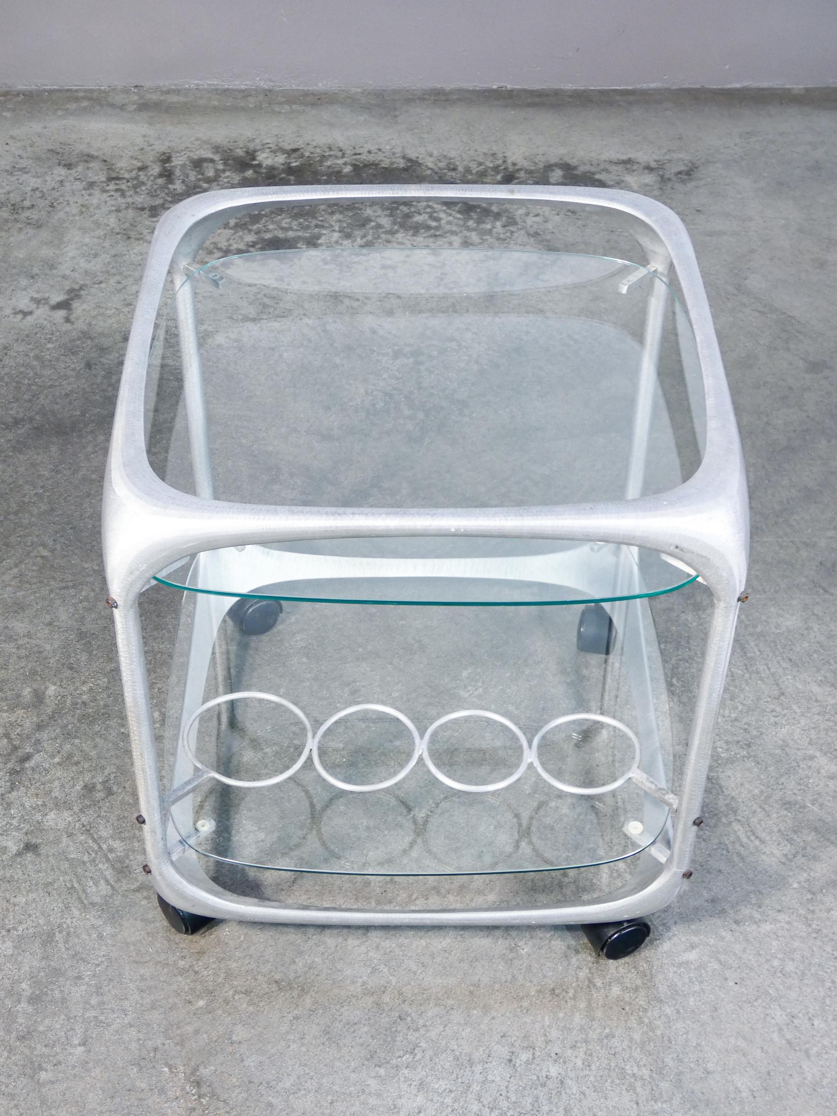 Late 20th Century Aluminum and glass bar cart, design Renzo BURCHIELLARO. Italy, 70s For Sale