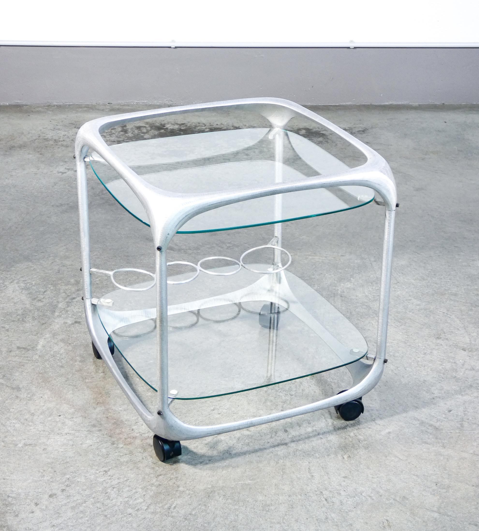 Aluminum and glass bar cart, design Renzo BURCHIELLARO. Italy, 70s For Sale 1