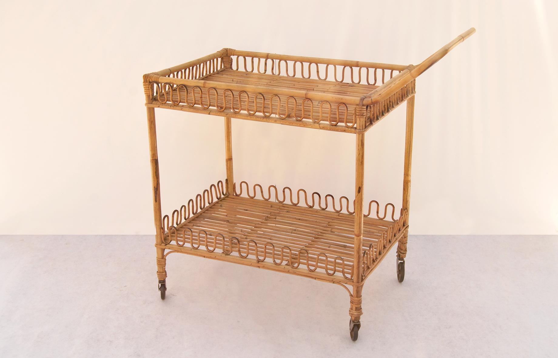 Bamboo bar cart, 1950s, Made in Italy. 
Food bar cart with structure made of bamboo. 
Condition is perfect, some slight signs of use due to time. 
The price of shipping is for the Italian territory, for the islands and for shipping abroad quote on