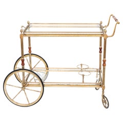 Chariot de bar en laiton avec plateaux en verre, France 1950s