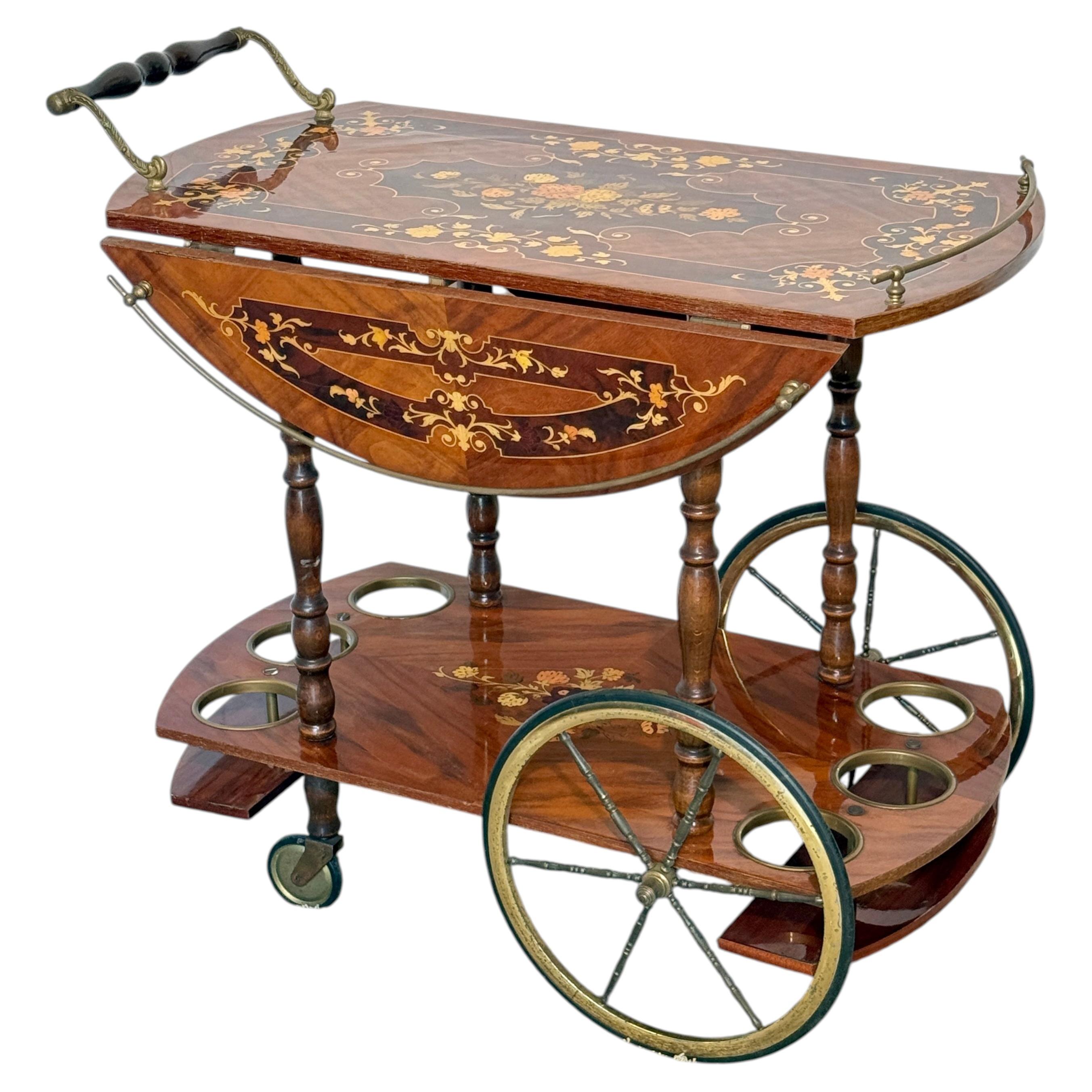 Inlaid wooden "Louis XV style" bar cart, 1970s