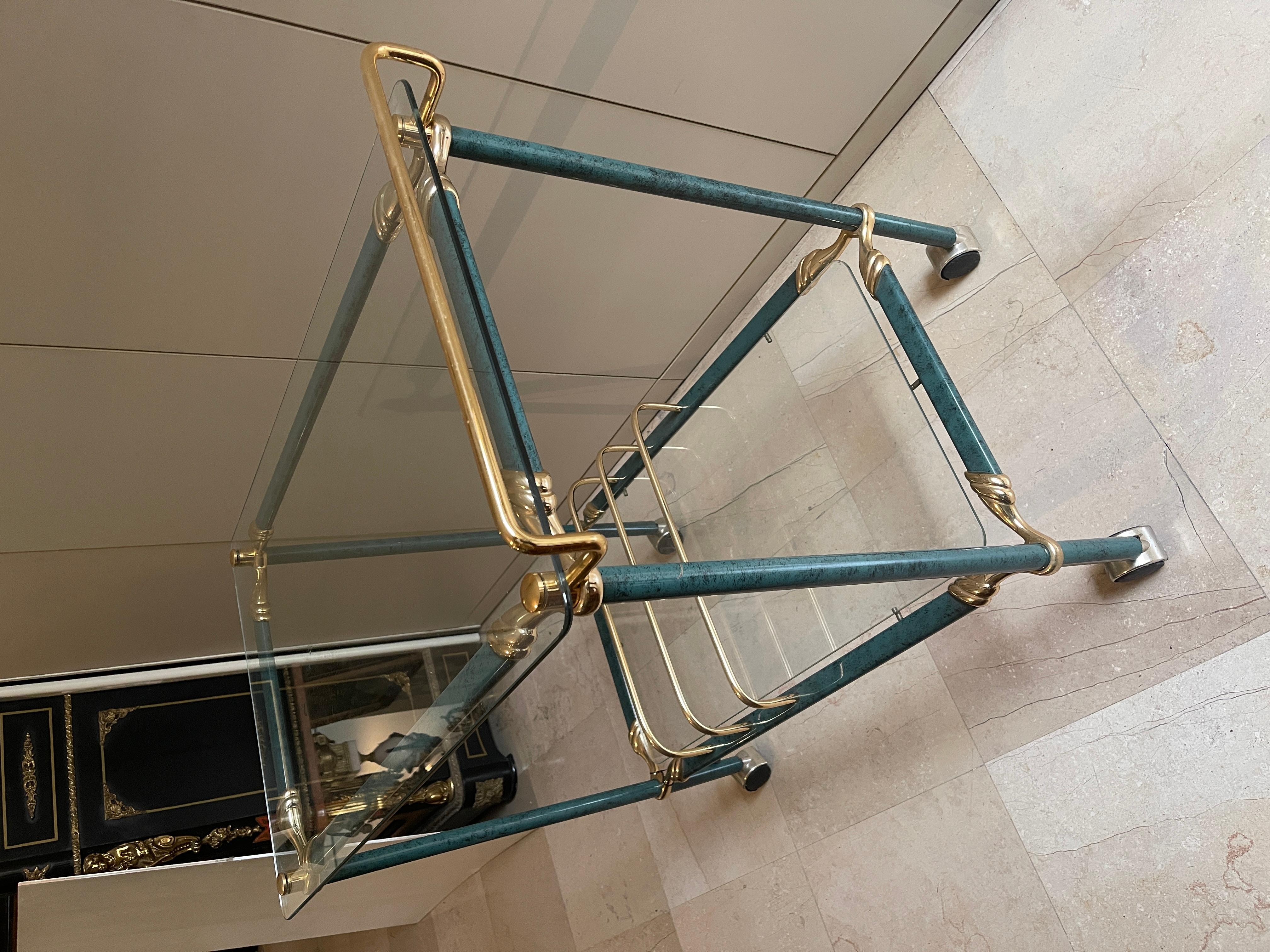 Carrello bar italiano vintage anni '50 in metallo verde e ottone Metal en venta