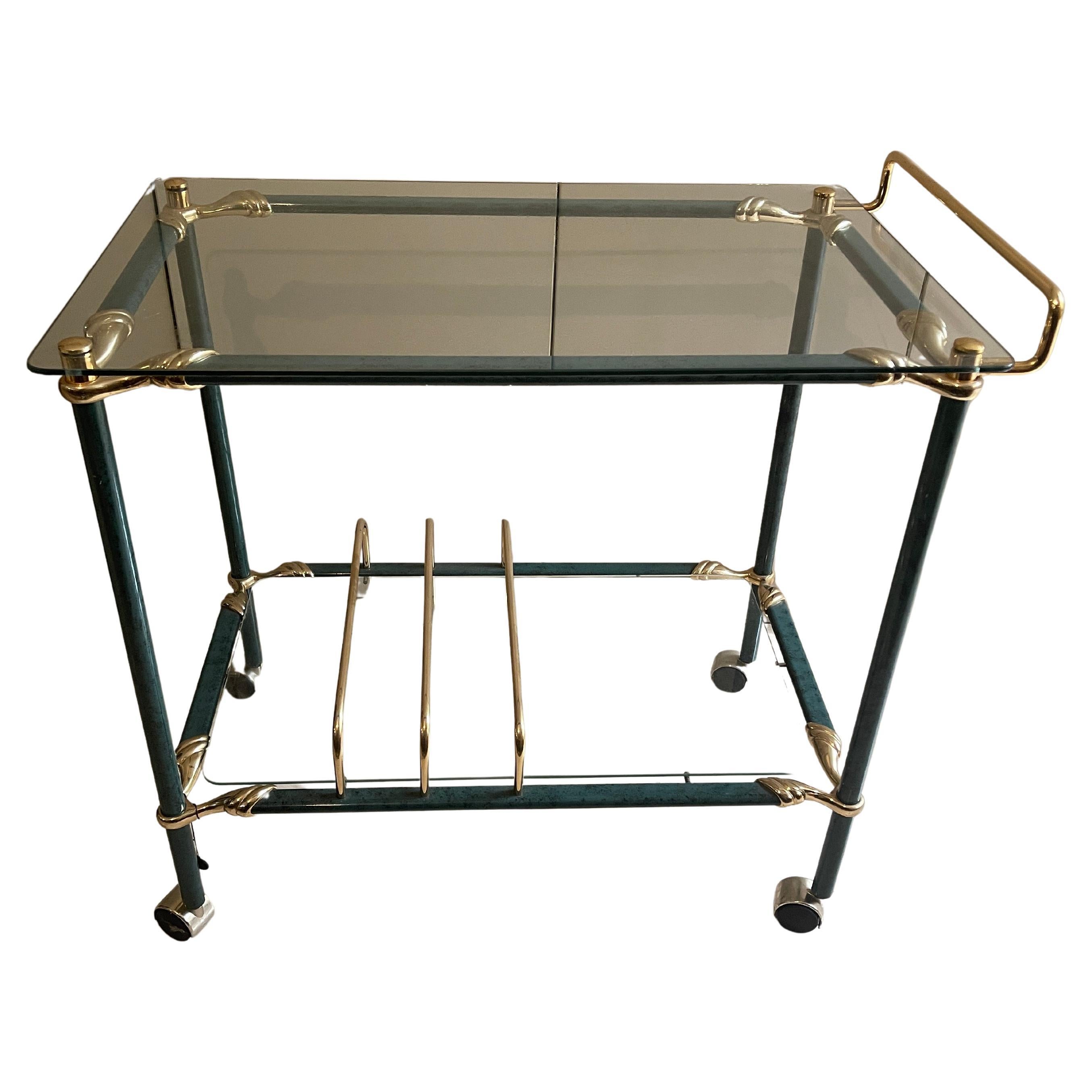 Carrello bar italiano vintage anni '50 in metallo verde e ottone en venta