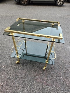 Rectangular Bar Trolley Fontana Arte 1970 brass and dark green glass