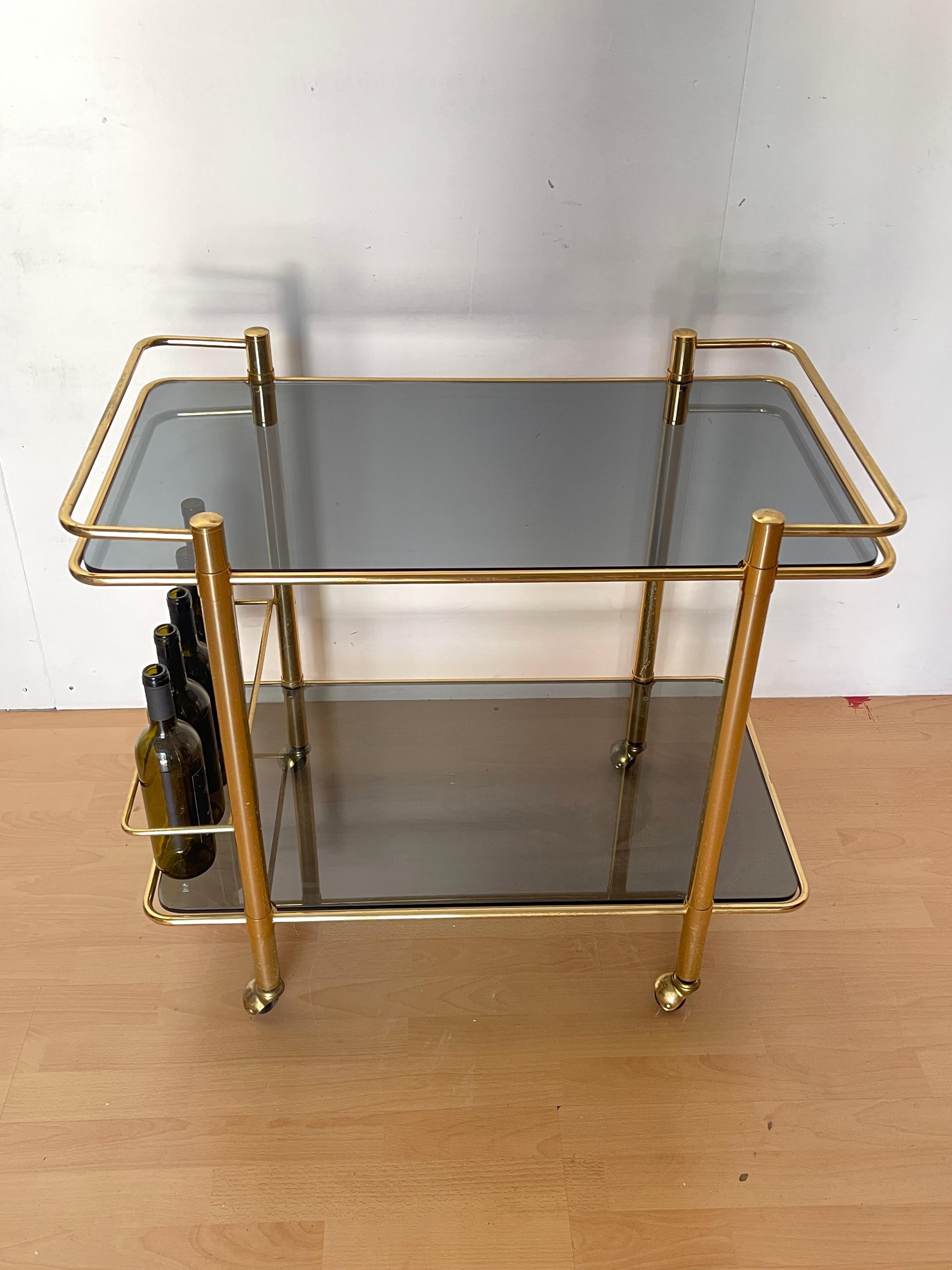 Italian Carrello Bar Vintage in Ottone e Vetro Fumé – 