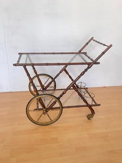 Vintage Bar Trolley in Bamboo Style - 1950s, Glass and Brass