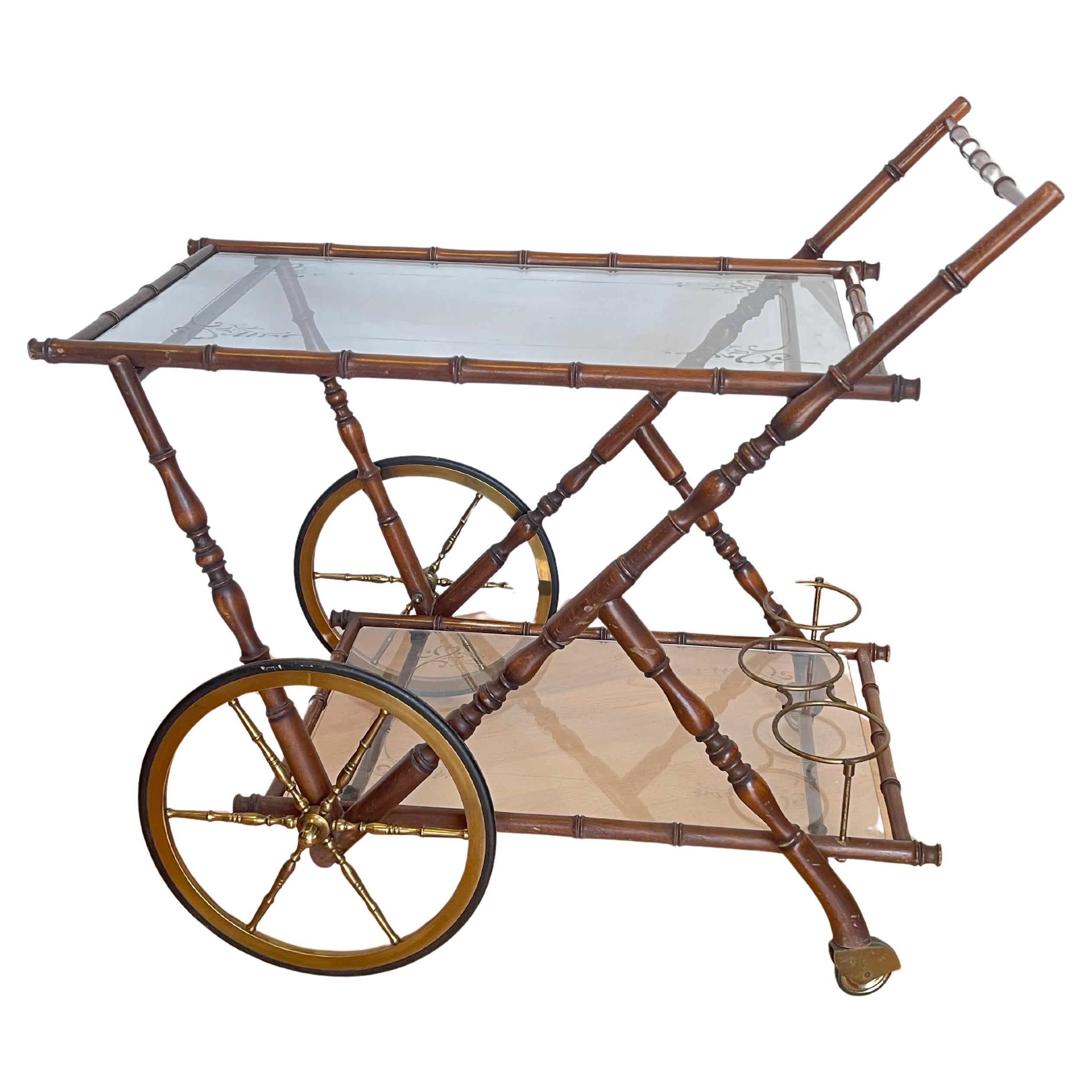 Barwagen im Bambusstil - 1950er Jahre, Glas und Messing