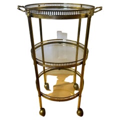 Carrello da bar rotondo in ottone vintage a 3 livelli, anni '80 Italia