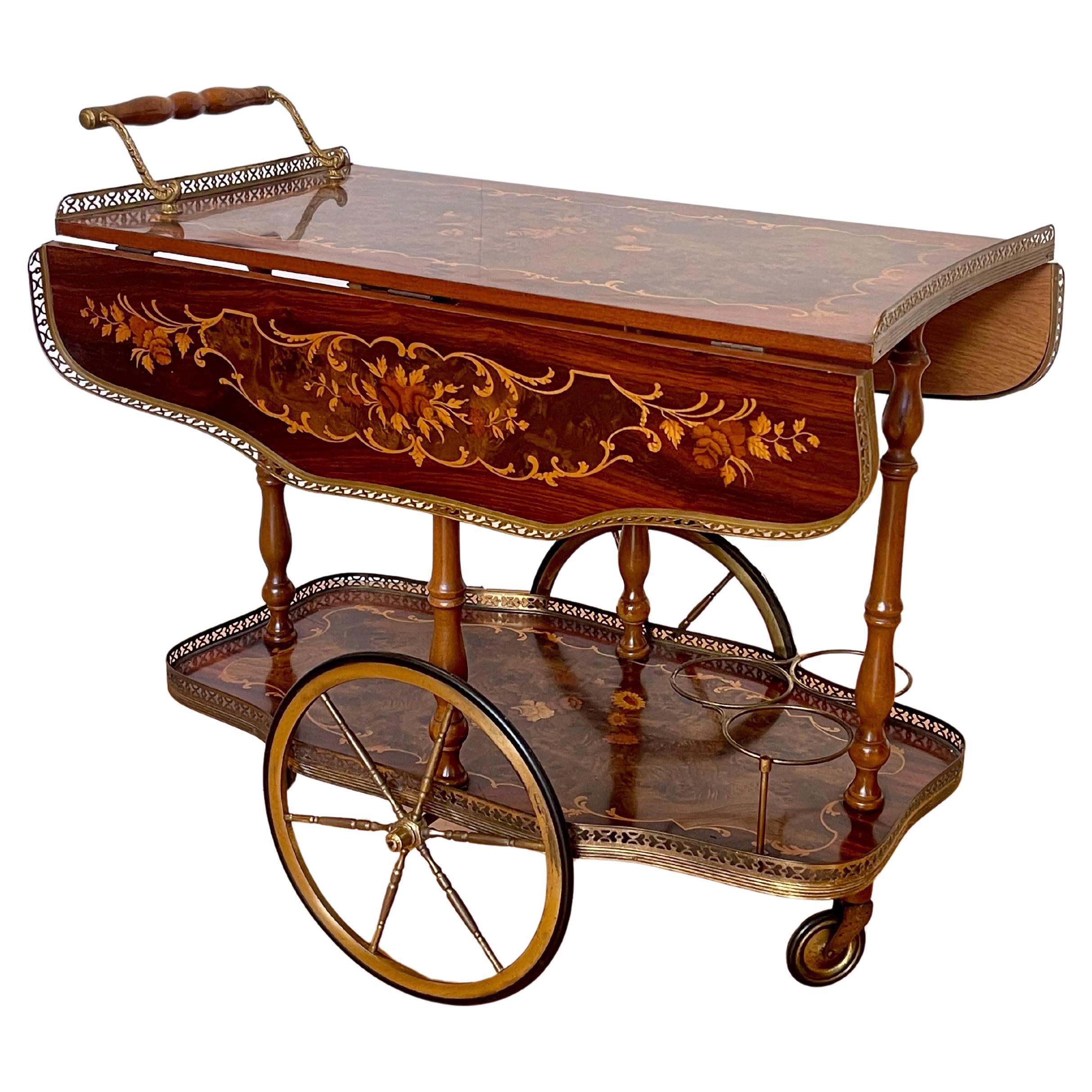 "Fior di Noce" tea trolley - Hand inlaid in vintage style For Sale