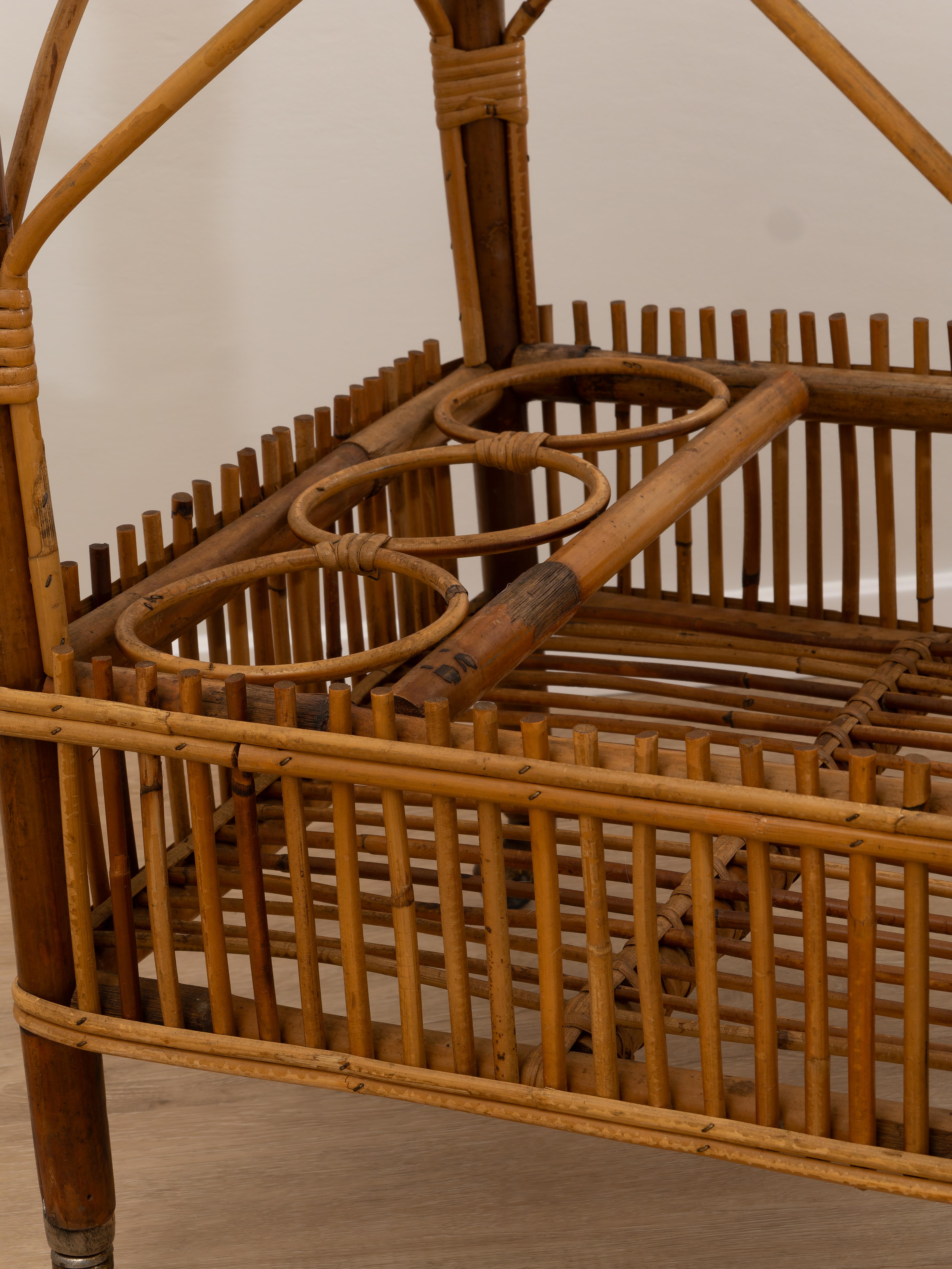 Bamboo cart, Made in Italy, 1960s. 
Beautiful two-tiered bamboo and rattan cart made in the 1960s. It has metal wheels. It is in perfect condition with very slight wear and tear from time and use. 
The price of shipping is for the Italian territory,