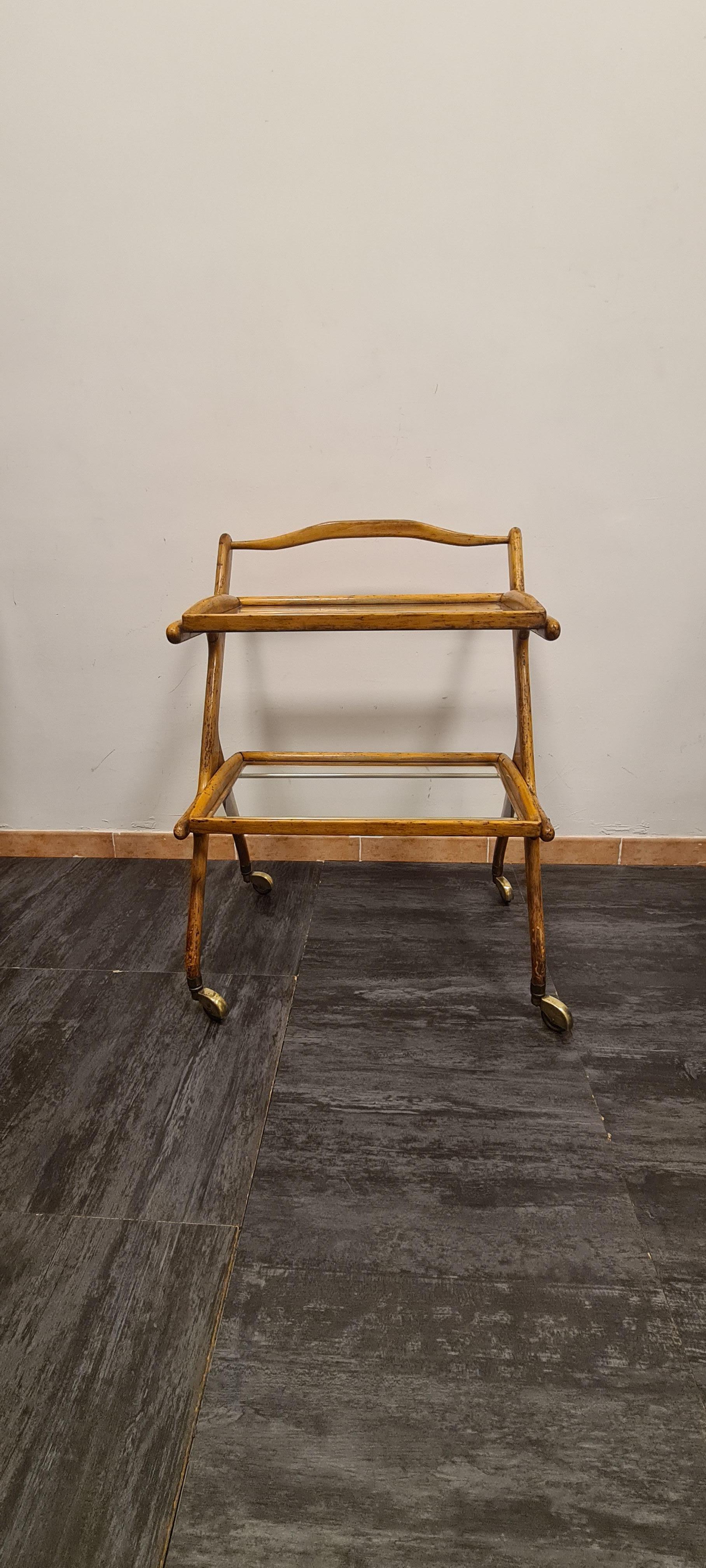 Ash cart with pull-out trays by designer Cesare Lacca.

Refined trolley with slender and very light structure with sinuous shapes made of ash wood with brass details.

The trolley has two tops composed of two trays with wooden edging and glass top