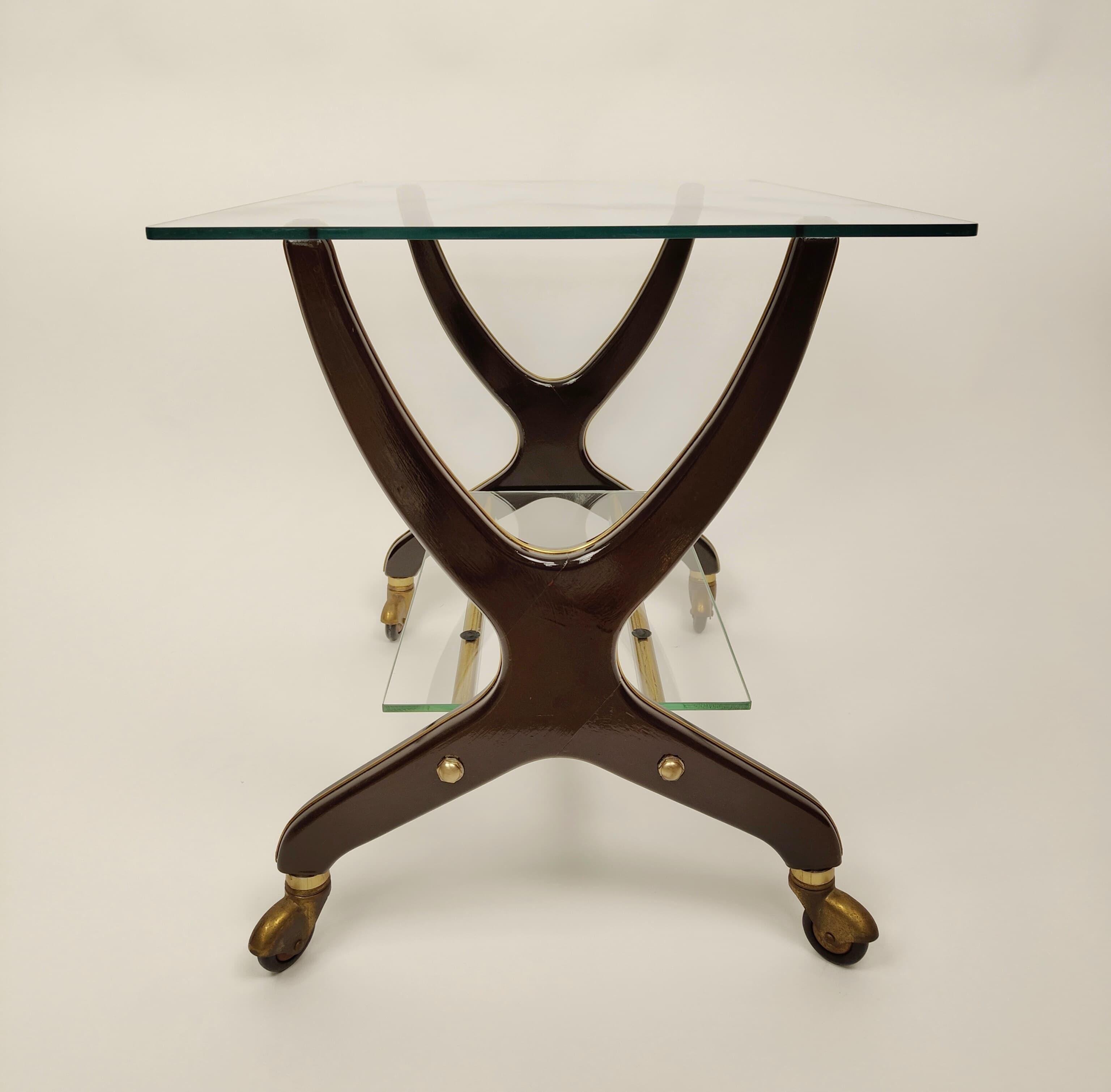 Other Wood, glass and brass trolley in Art Deco style - 1950s, Italy For Sale