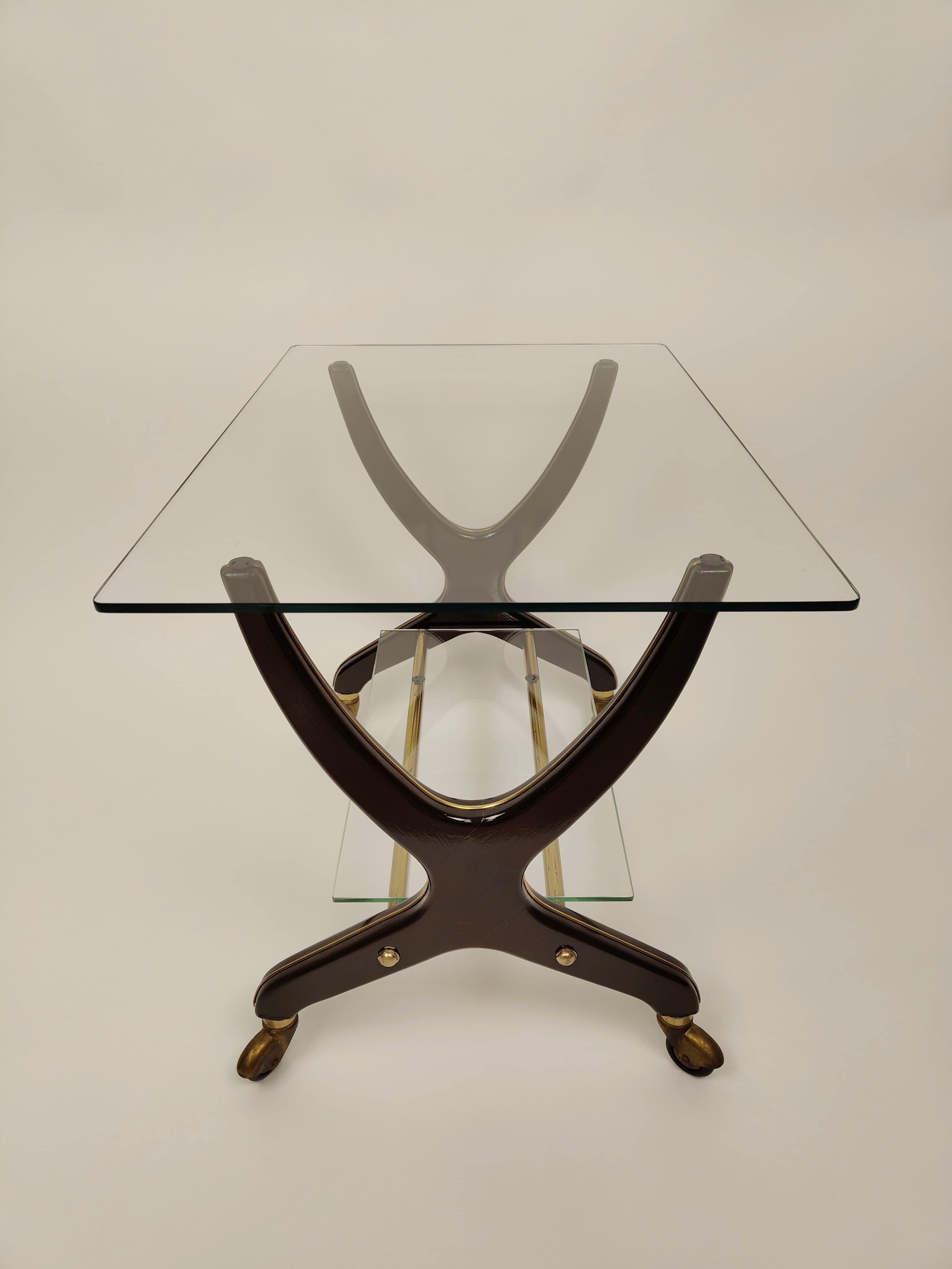 Wood, glass and brass trolley in Art Deco style - 1950s, Italy In Good Condition For Sale In Vicenza, VI