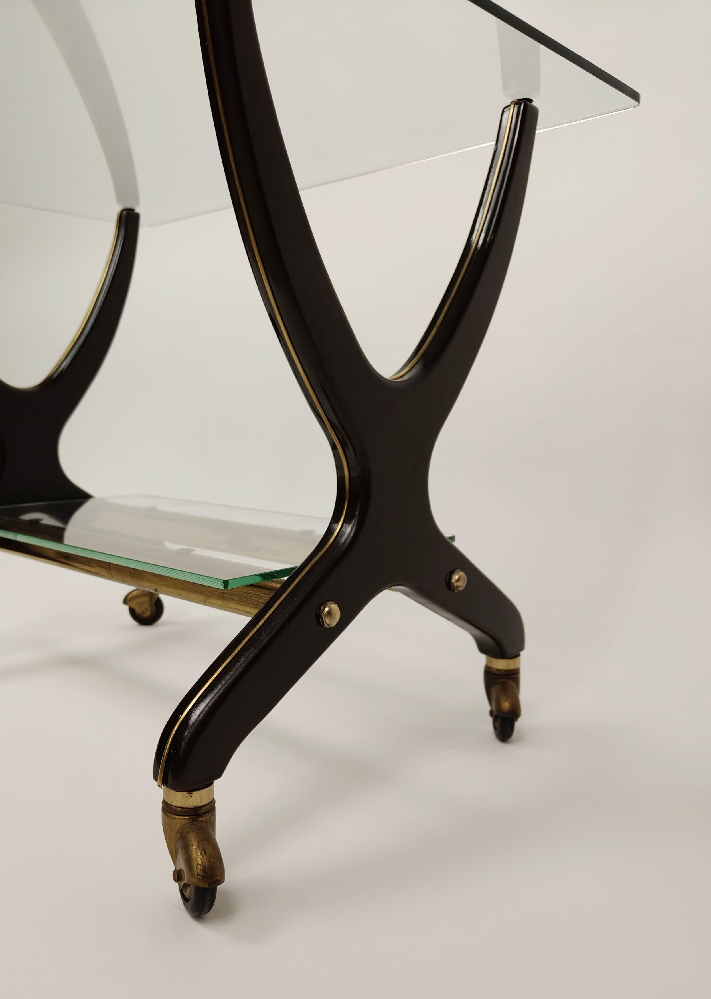 Mid-20th Century Wood, glass and brass trolley in Art Deco style - 1950s, Italy For Sale