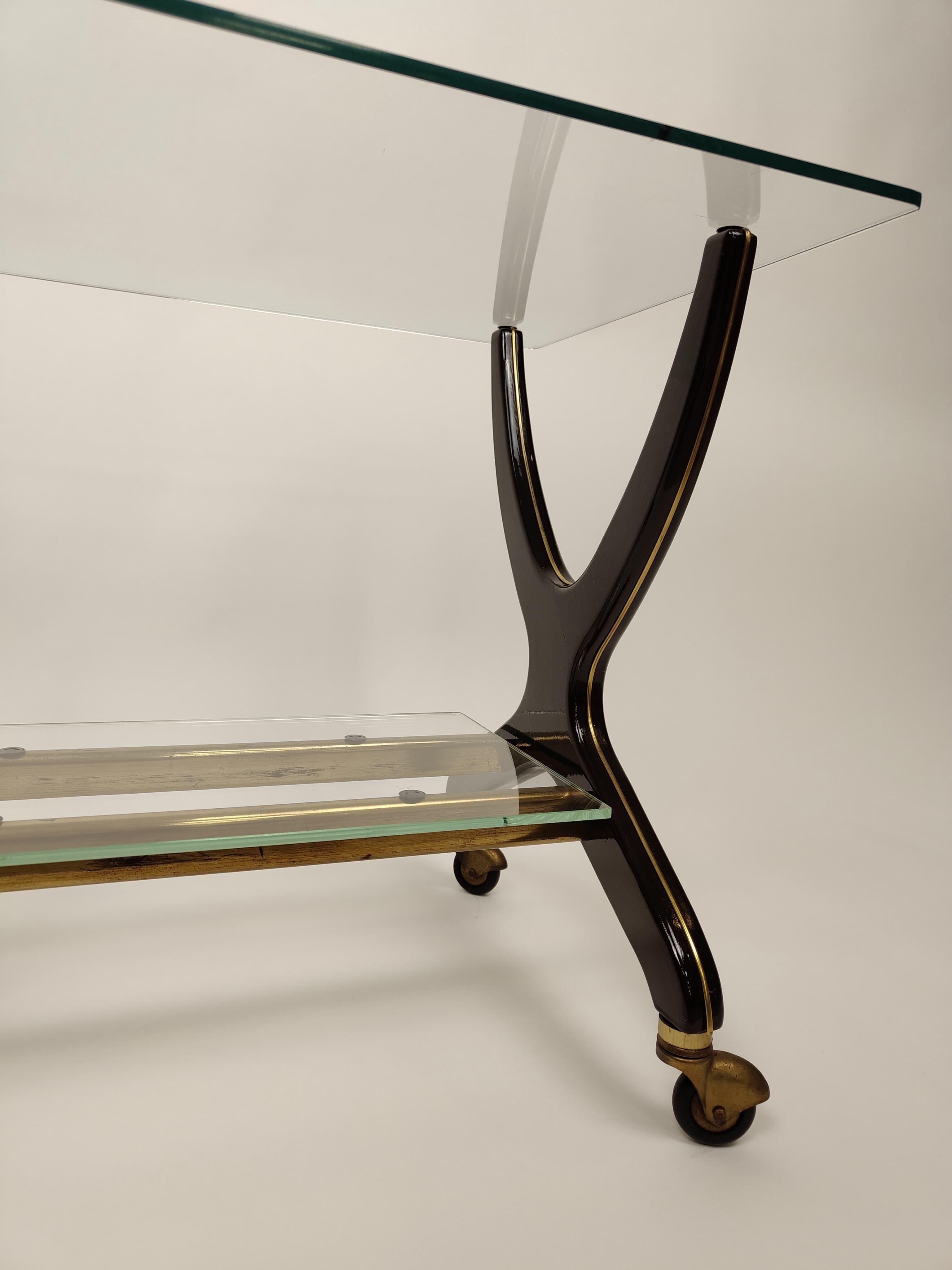 Brass Wood, glass and brass trolley in Art Deco style - 1950s, Italy For Sale