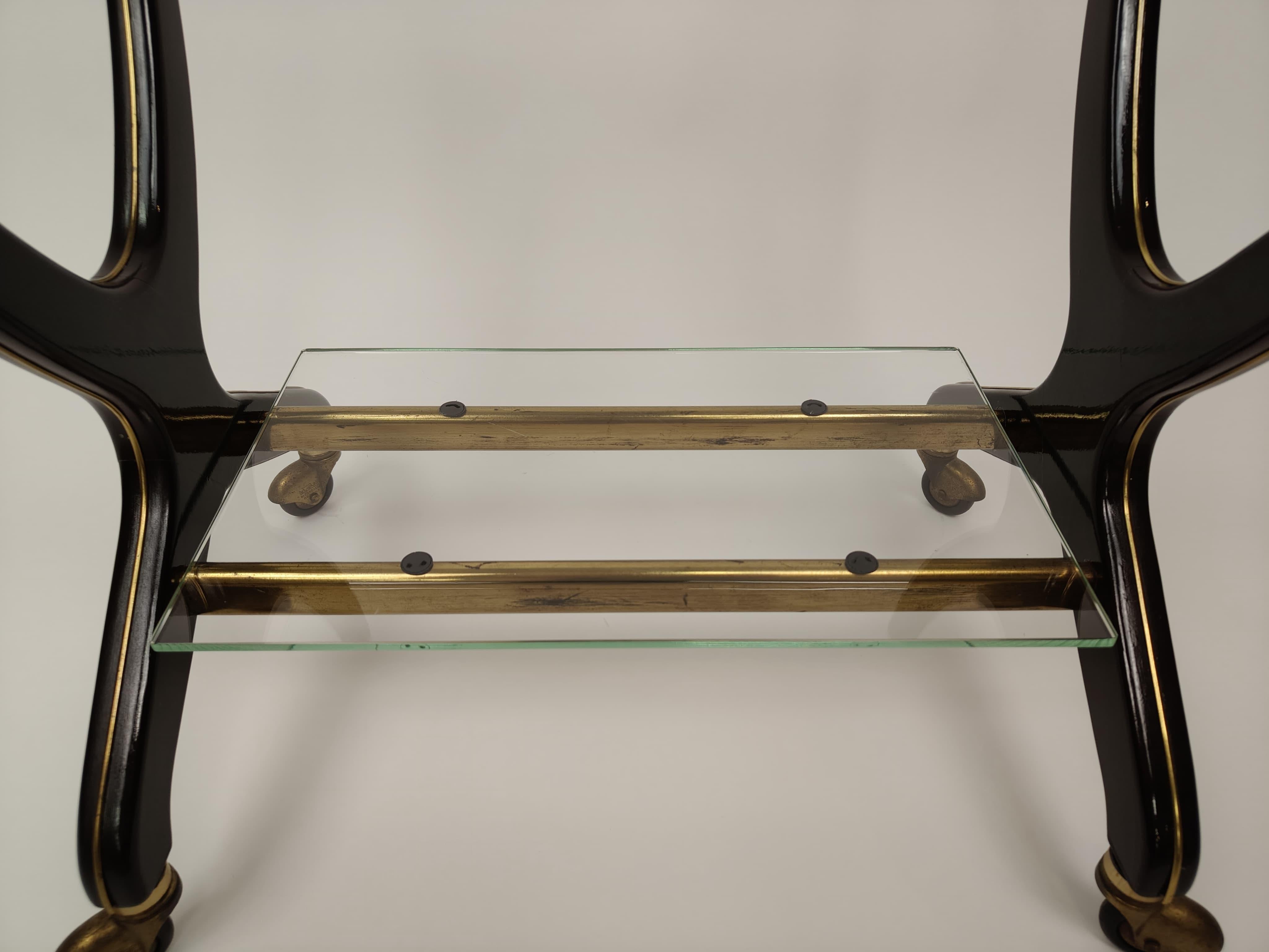 Wood, glass and brass trolley in Art Deco style - 1950s, Italy For Sale 1