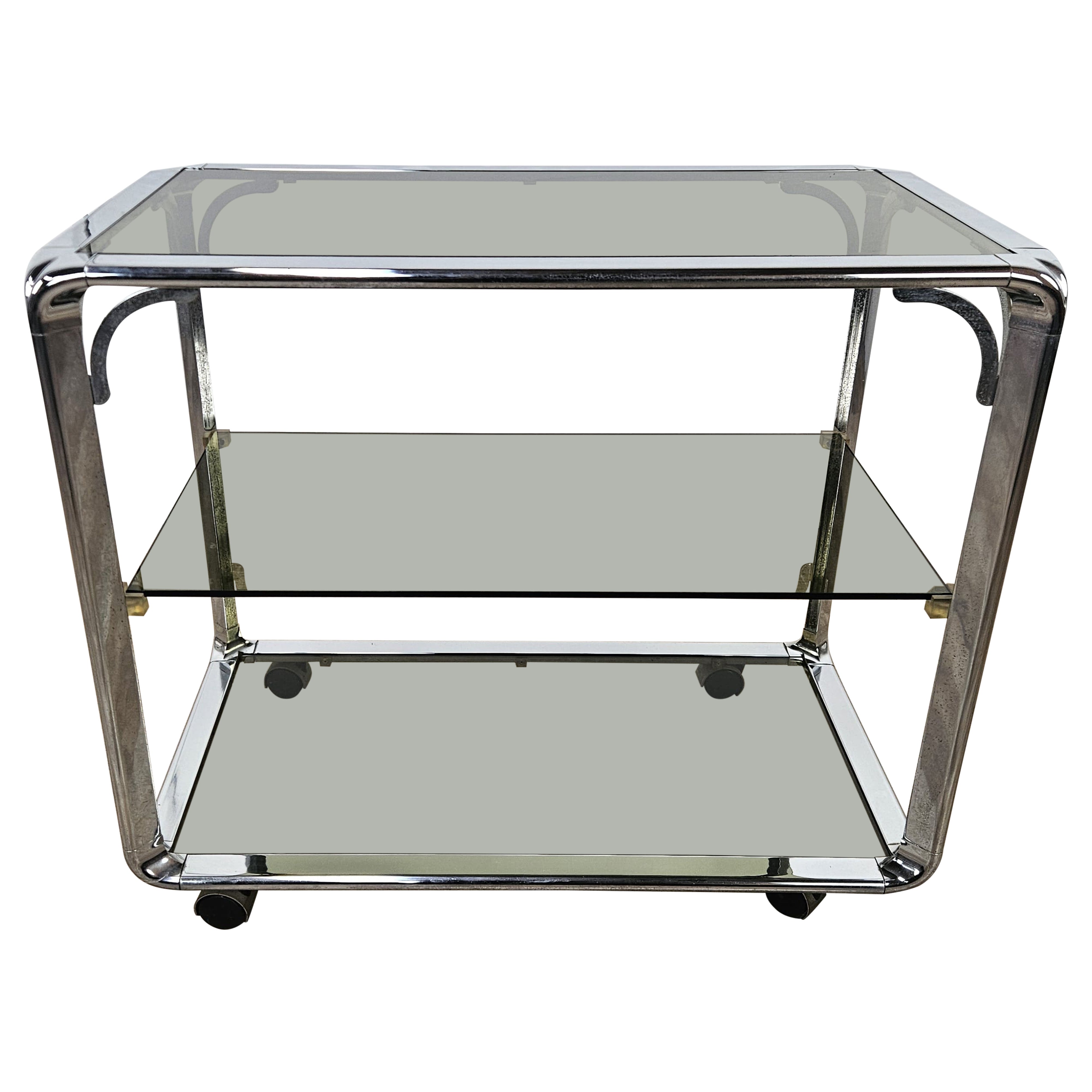Italian 1970s Hollywood Regency trolley with smoked glass shelves