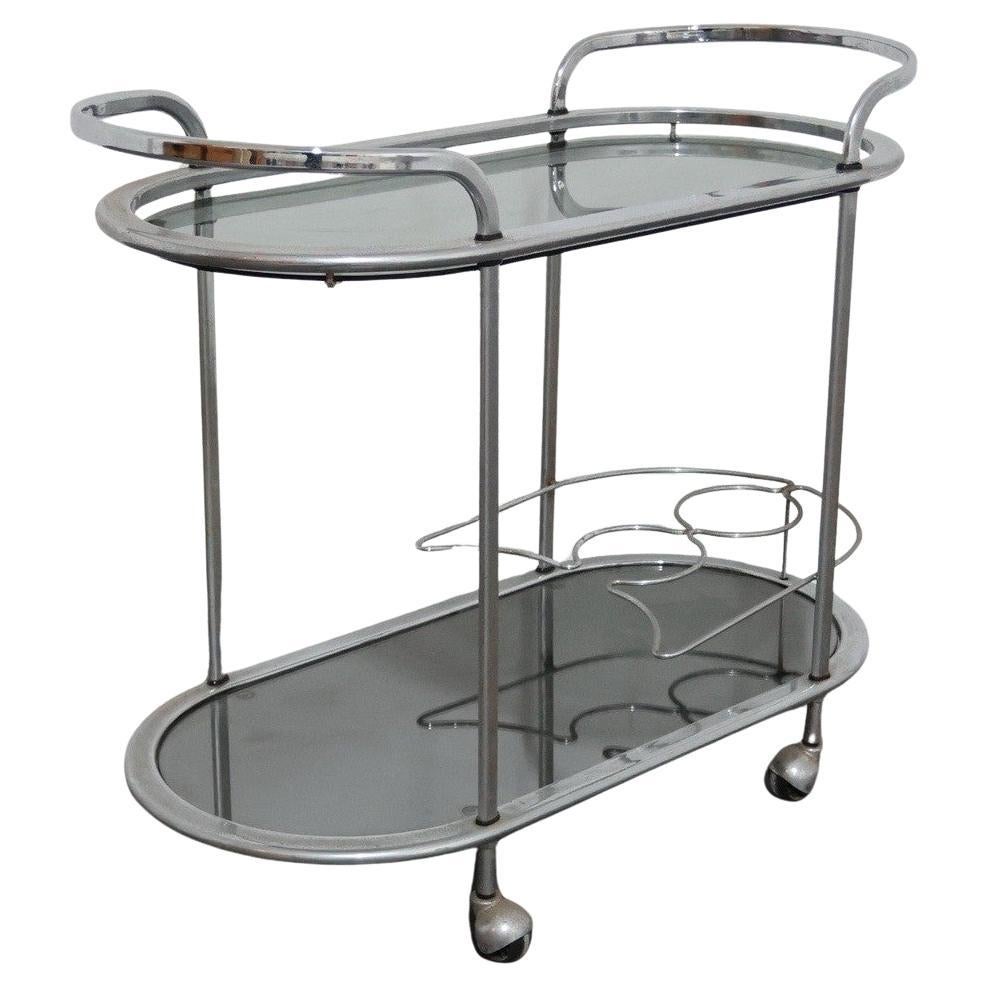Carrello Portavivande In Acciaio Doppio Ripiano Cristallo Fumè Design Anni 70