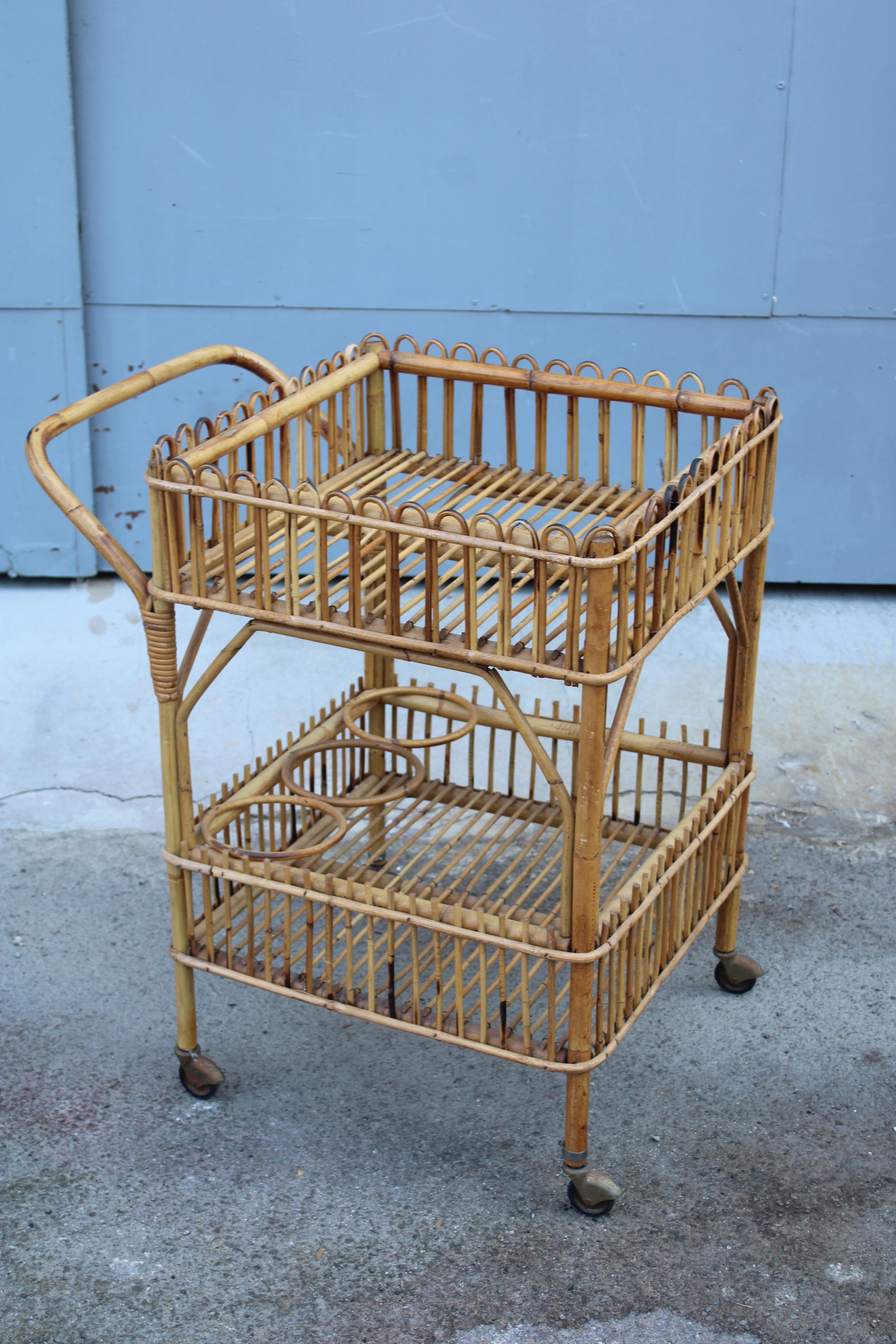 Carrello Bar in Midollino anni 1950 