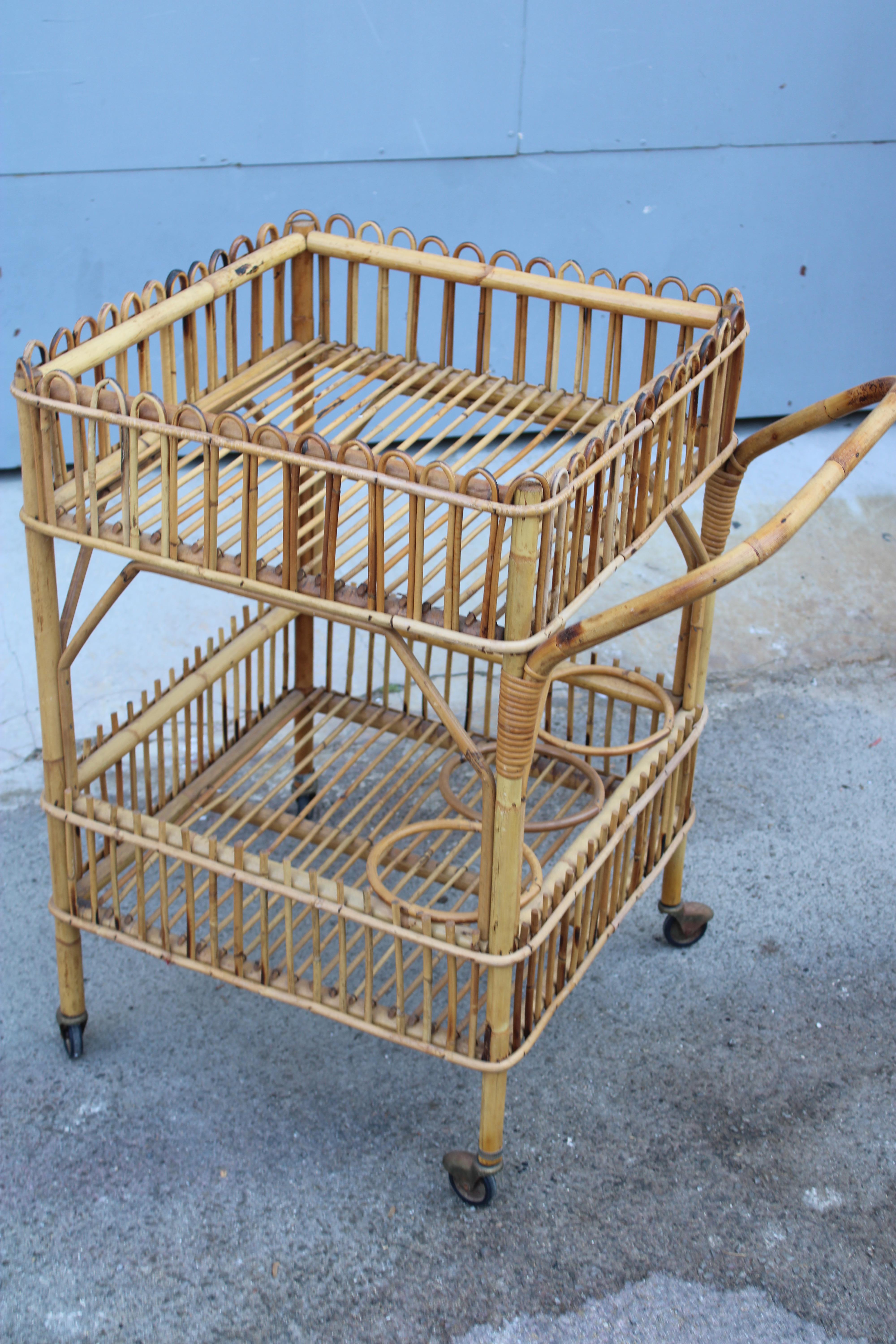 Carrello Quadrato Bar Portavivande in Bambù Italiano 1950 For Sale 2