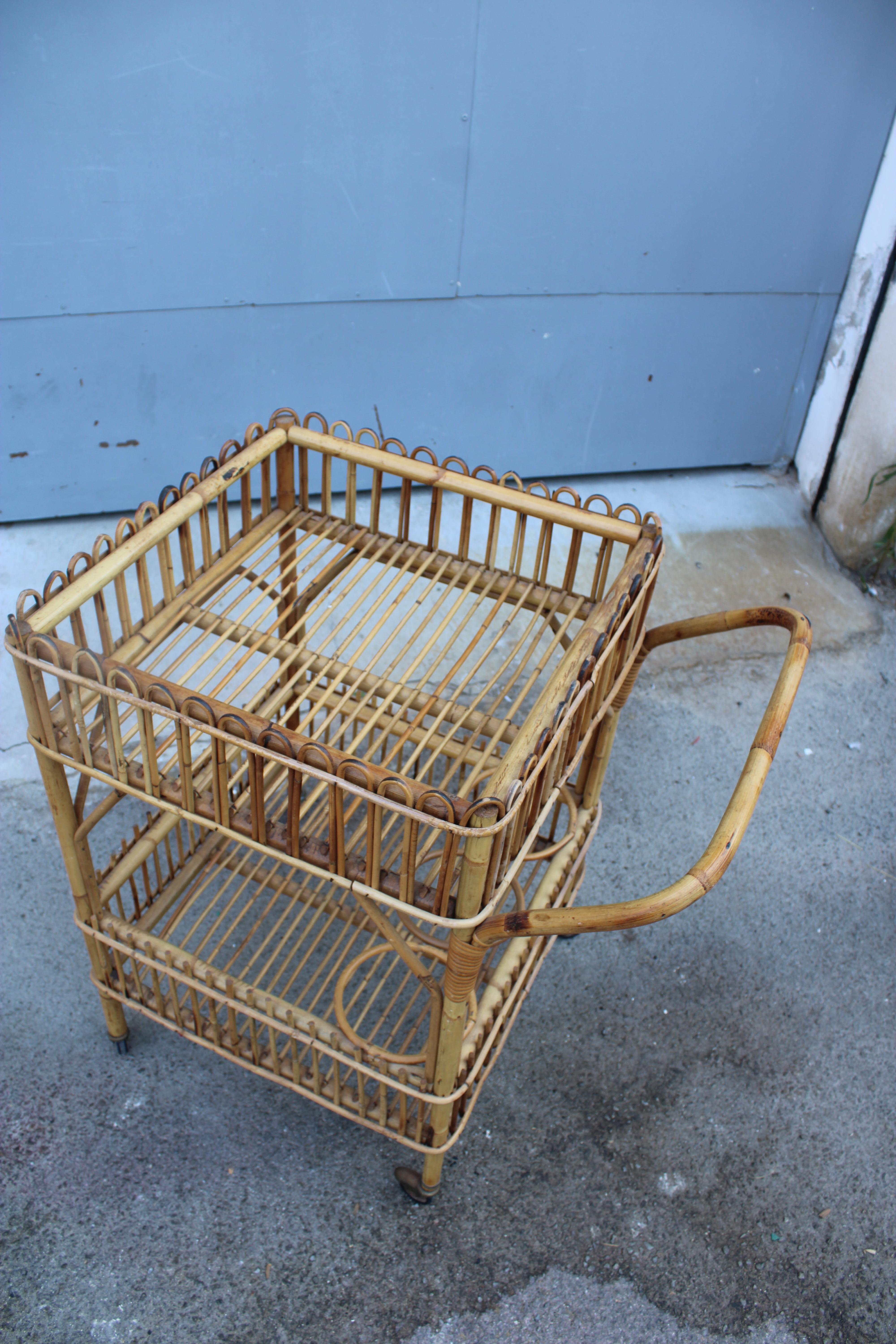Carrello Quadrato Bar Portavivande in Bambù Italiano 1950 For Sale 3