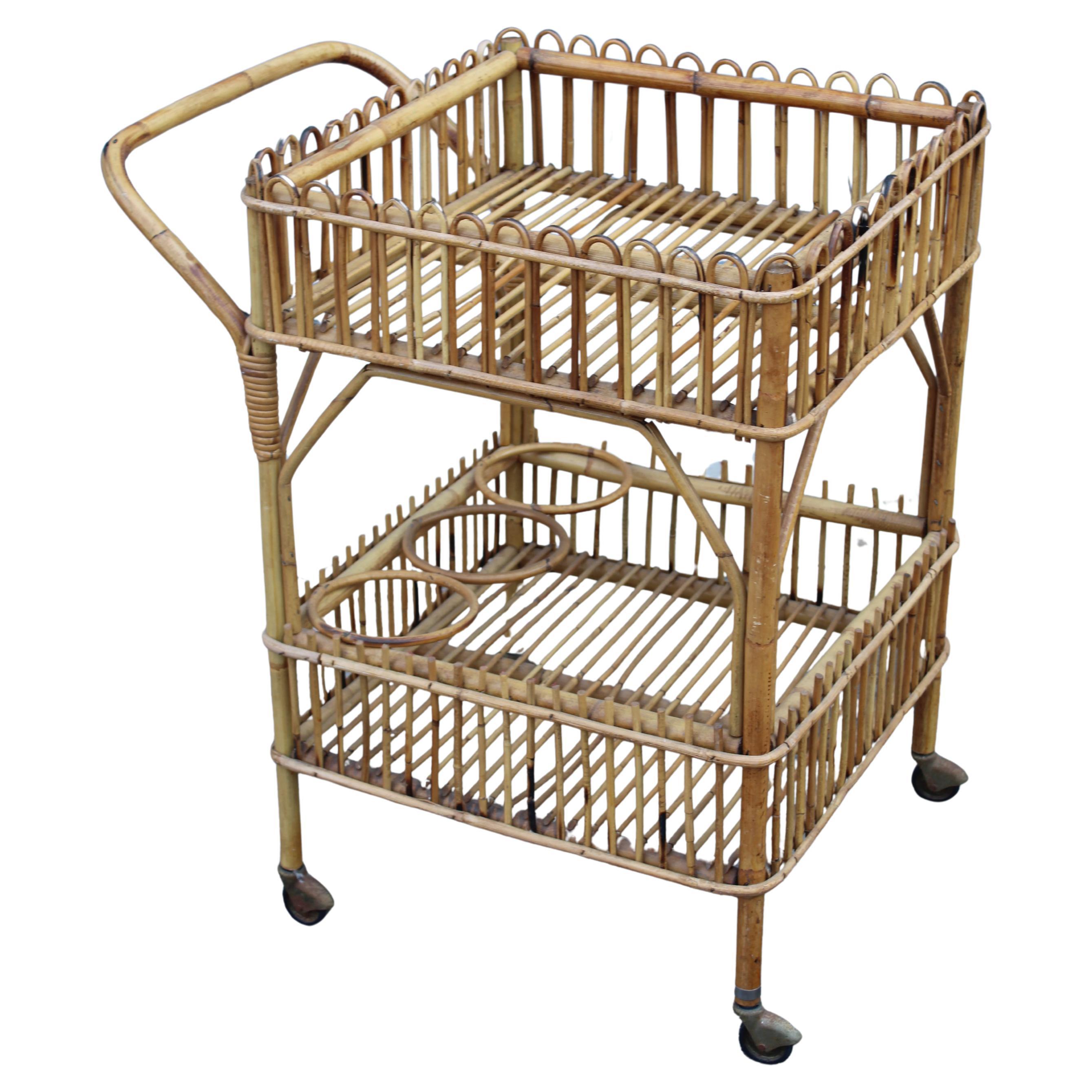 Carrello Quadrato Bar Portavivande in Bambù Italiano 1950 For Sale