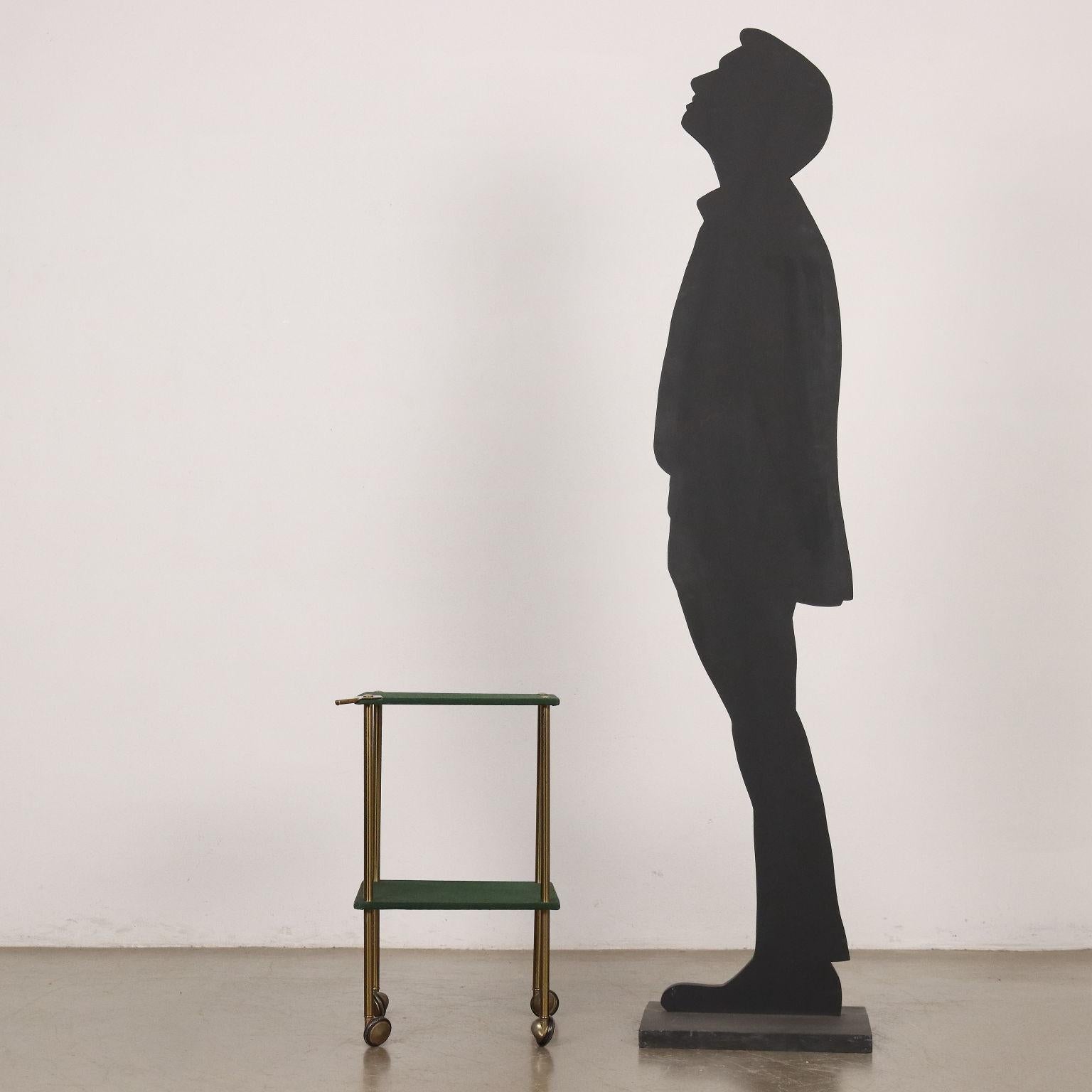 Carrello vintage, in ottone e legno ricoperto in panno. 