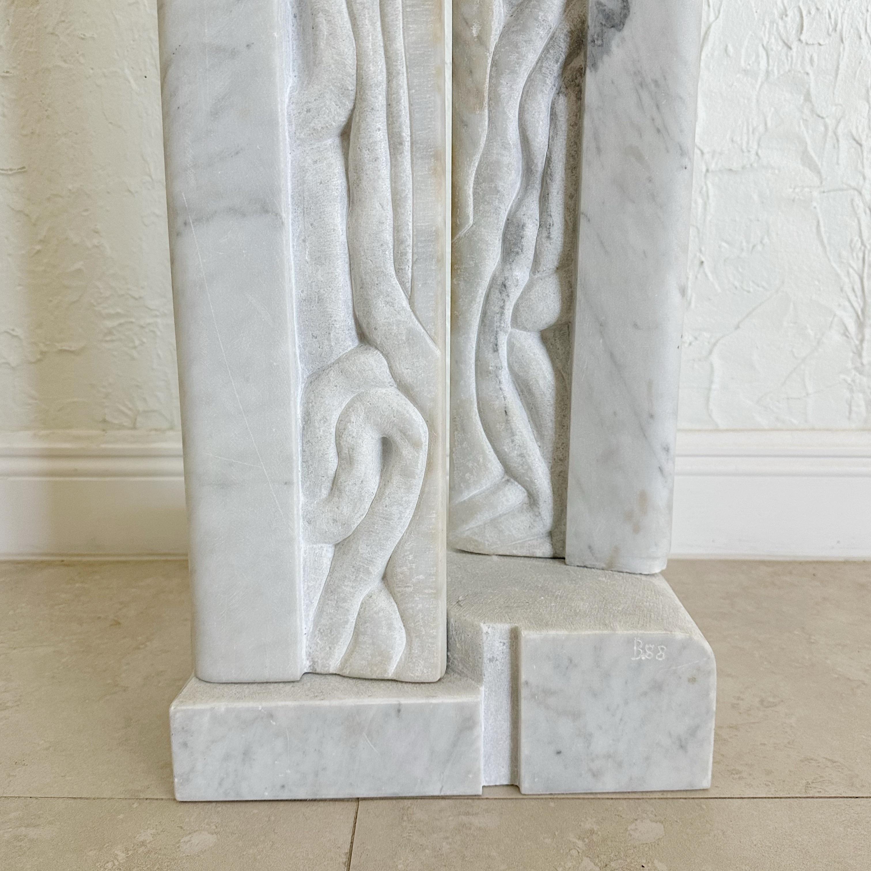 Mid-Century Modern Carrera Marble Double Column Abstract Sculpture, 1980s For Sale